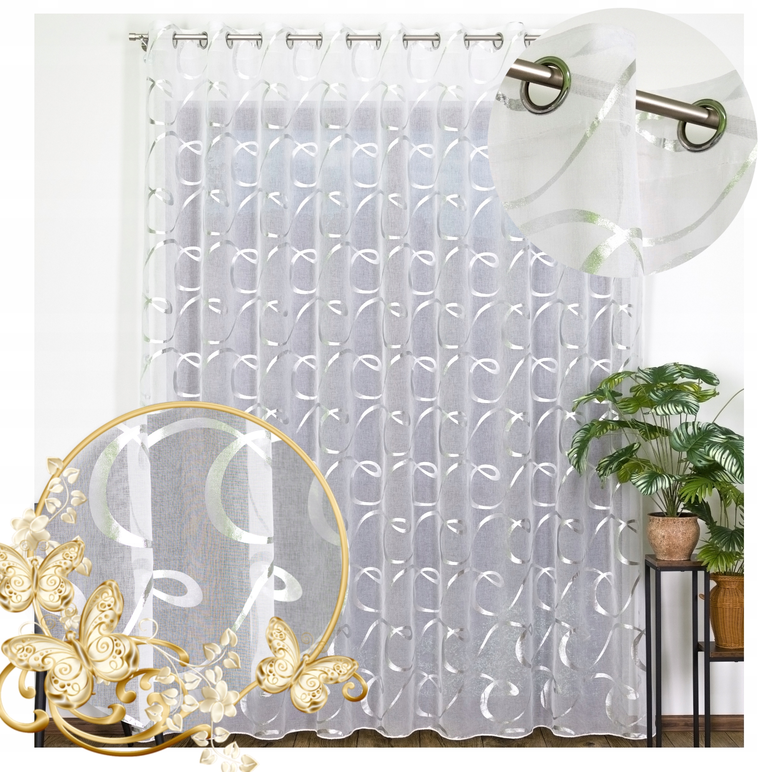 Záclona Industrial Etamin s olověnkou Pelagia 600x245 cm Stříbrná Poutka P