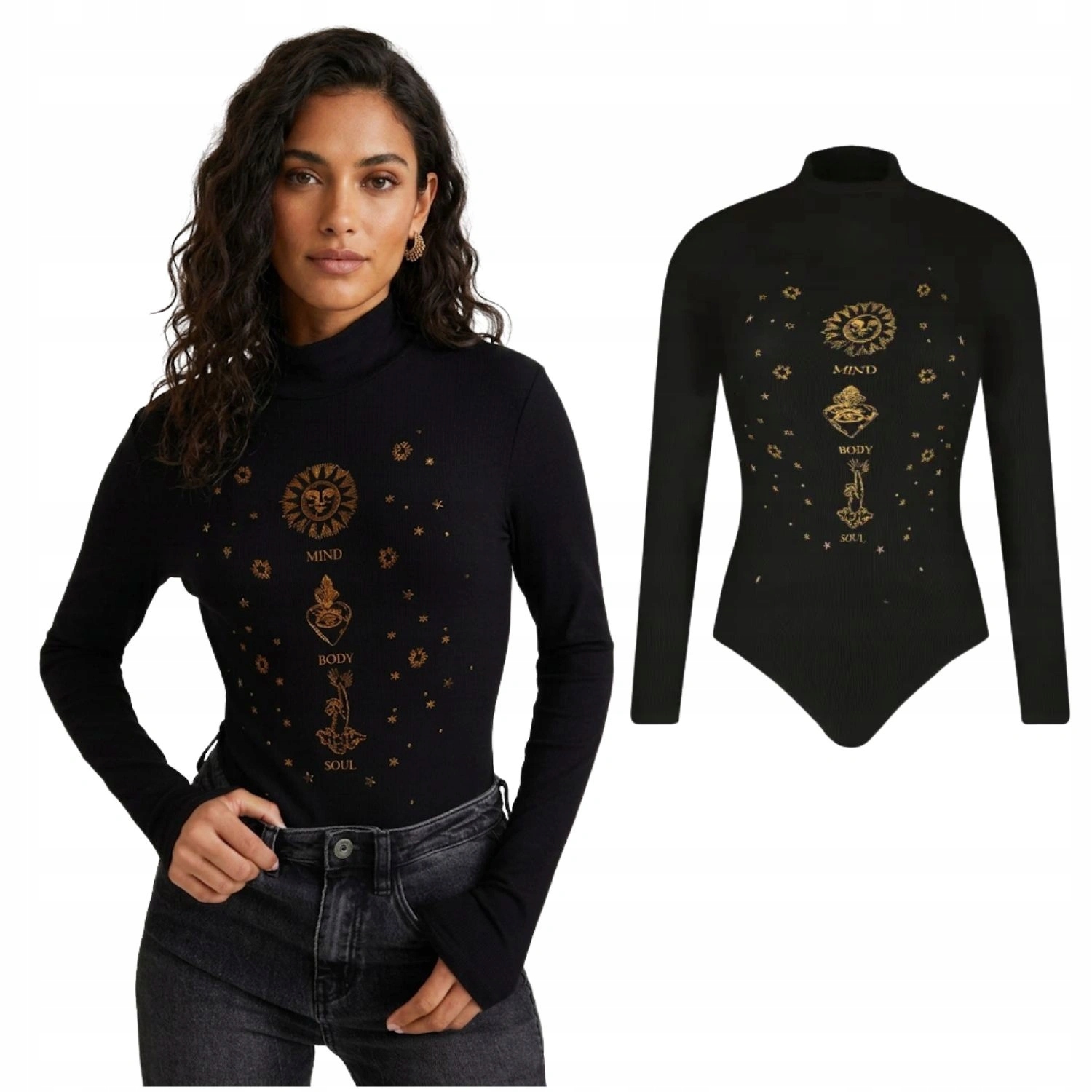 Dámské body Desigual Candy černé s etnickým potiskem, dlouhý rukáv, velikost vel.