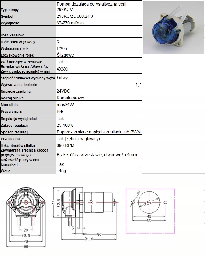 Pompa z silnikiem komutatorowym 24VDC 68-225ml/min Model 293KC
