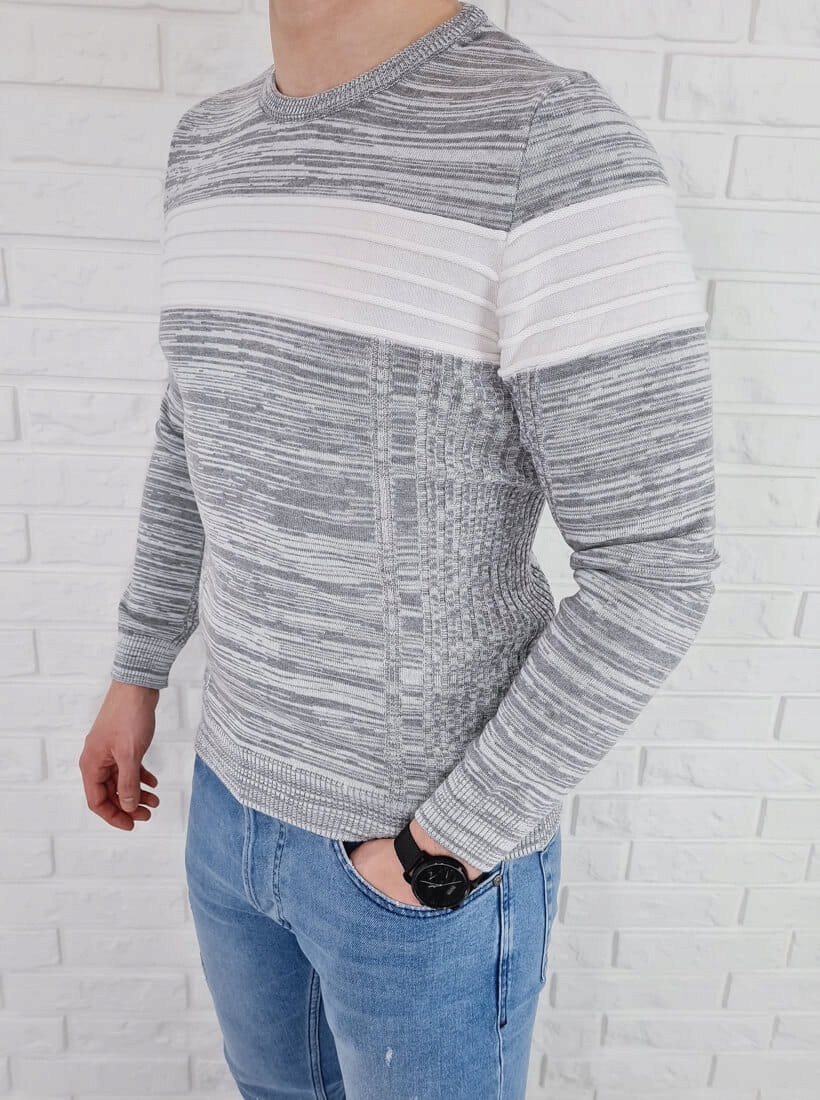 Szary melanzowy sweter z bialym pasem 3011 - XL Marka inna