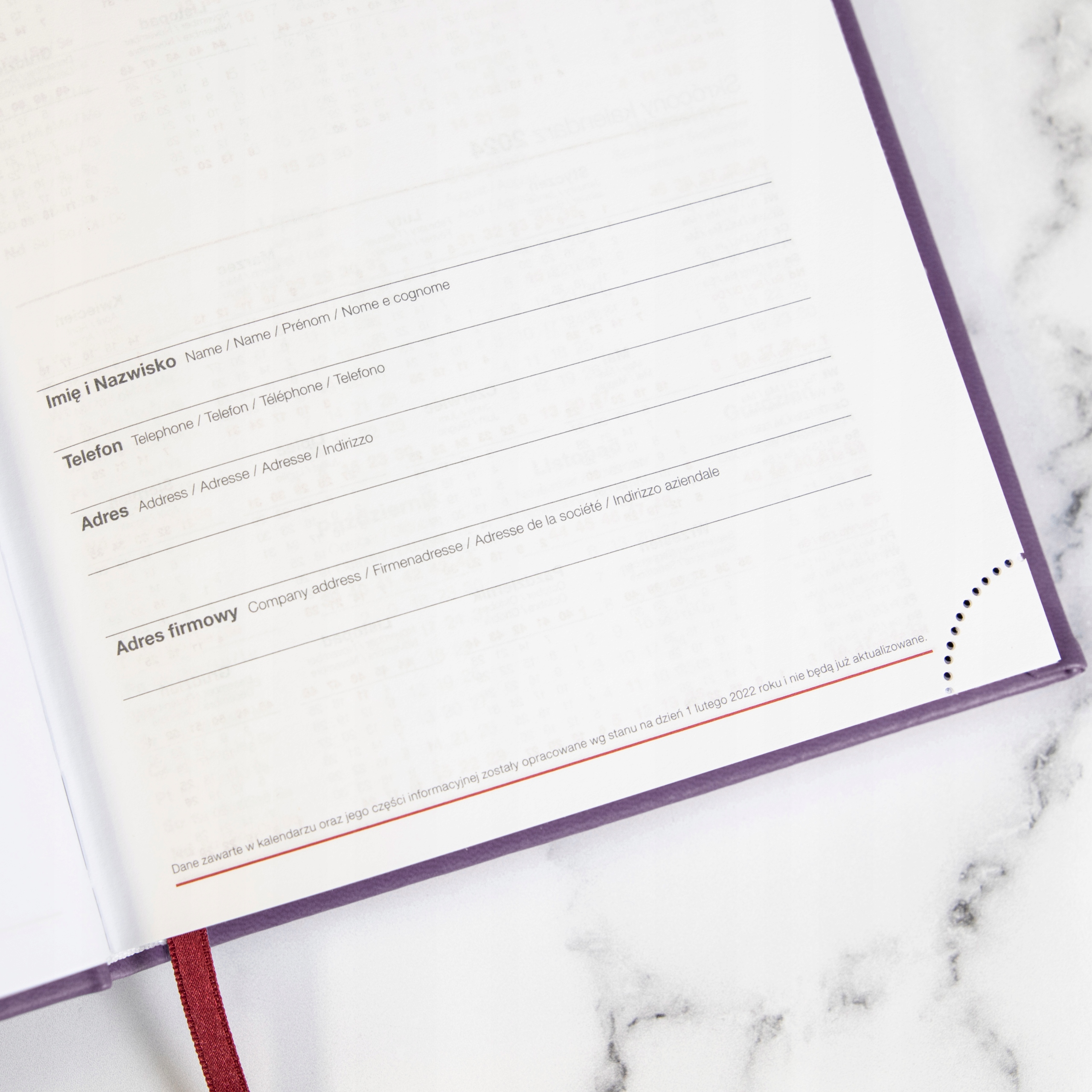 Kalendarz A5 2024 Fiolet Dla Podróżnika IMIĘ Wzory Rozmiar A5