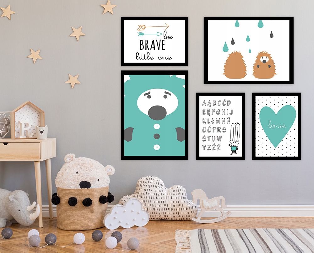 KOMPLET 5szt Obrazy Plakaty w ramie Scandi KD042 Płeć chłopcy