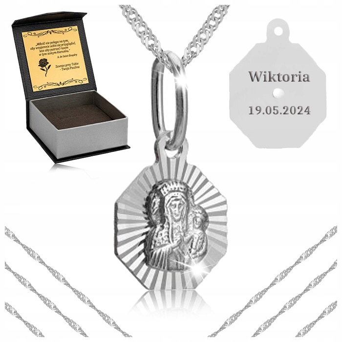Stříbrný Řetízek Singapur Medailon 925 Panna Maria Čenstochovská Gravírování