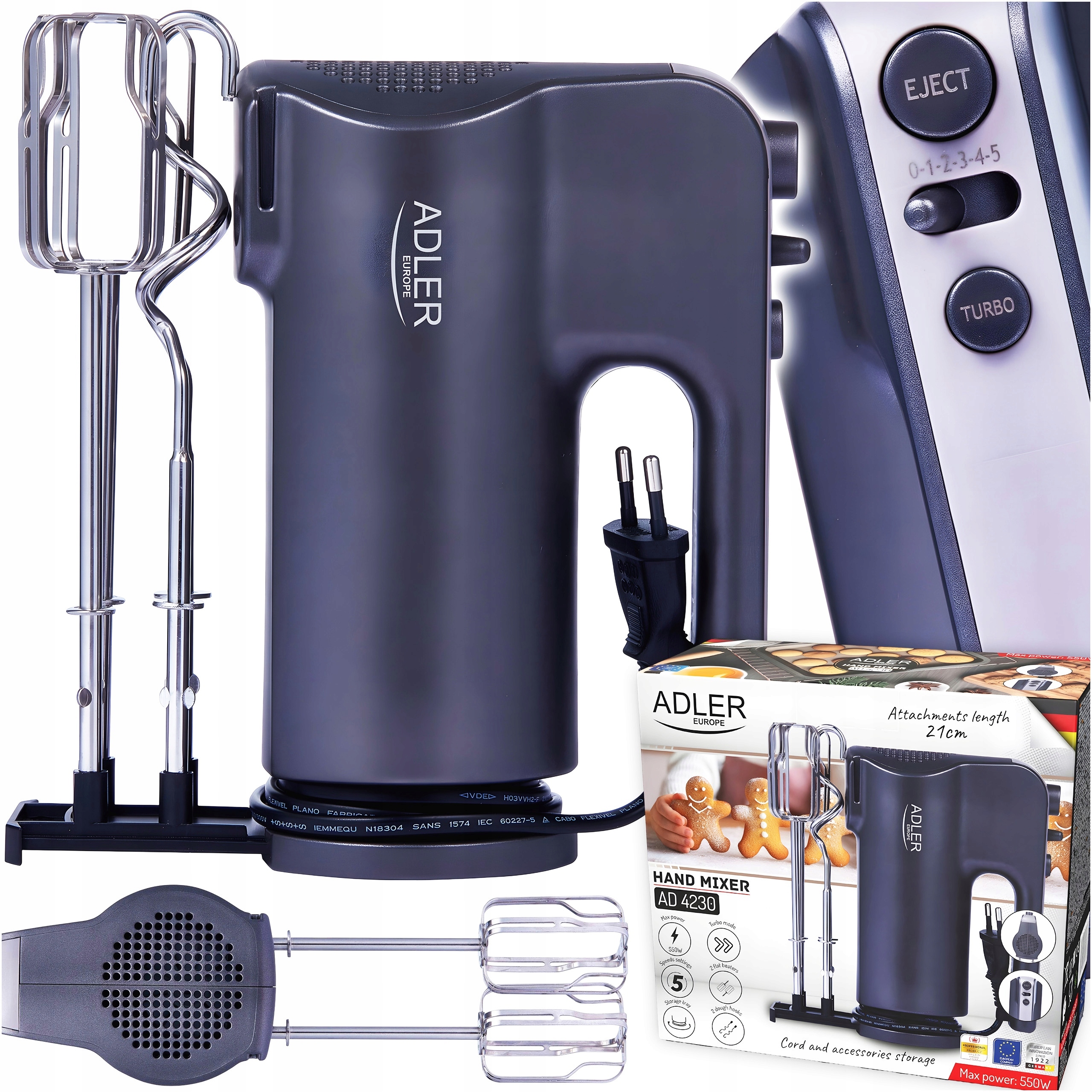 Mikser Ręczny Turbo 5 Tryb Mocny Końcówki Lekki Czarny Adler AD4230 550 W