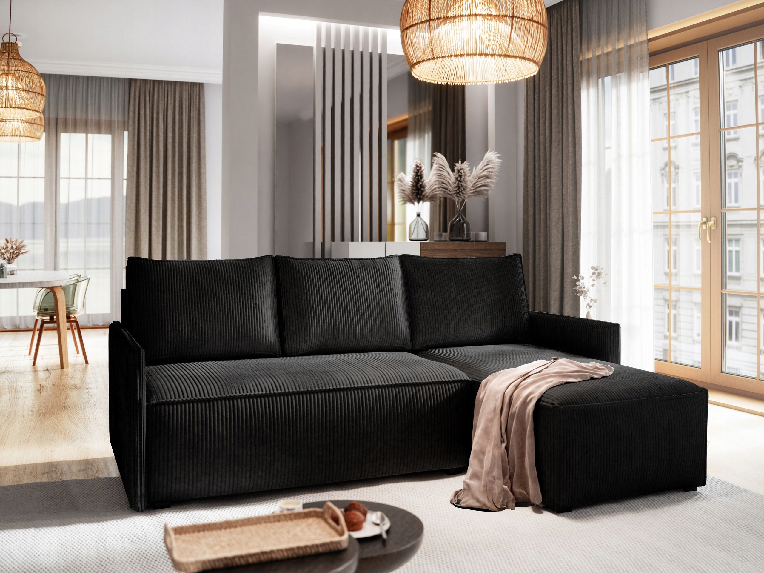 Černý rohová sedací souprava zásobník Perusi módní Štrukks univerzální S Funkcí Spaní