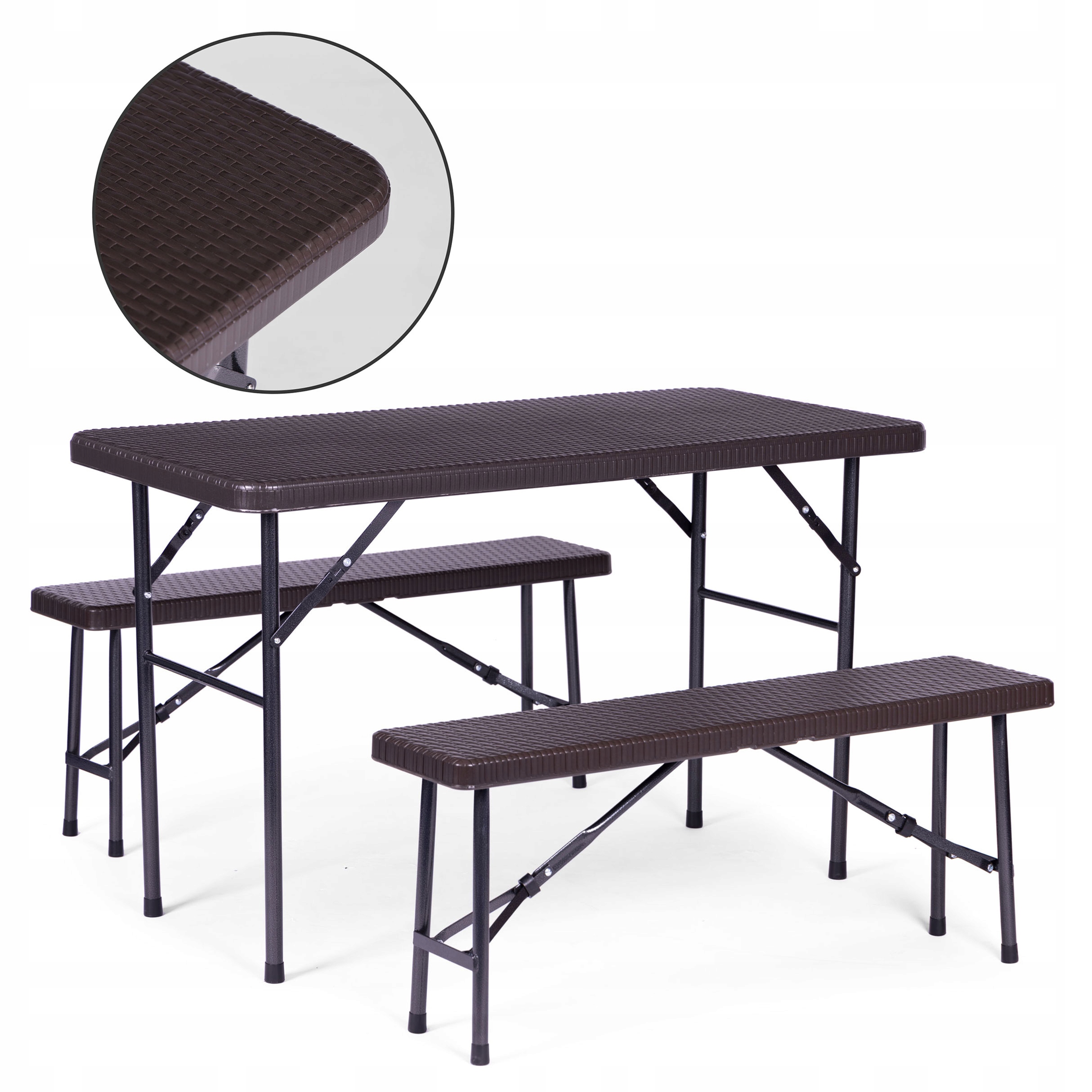 Zestaw cateringowy stół 120 cm 2 ławki komplet bankietowy do ogrodu brązowy