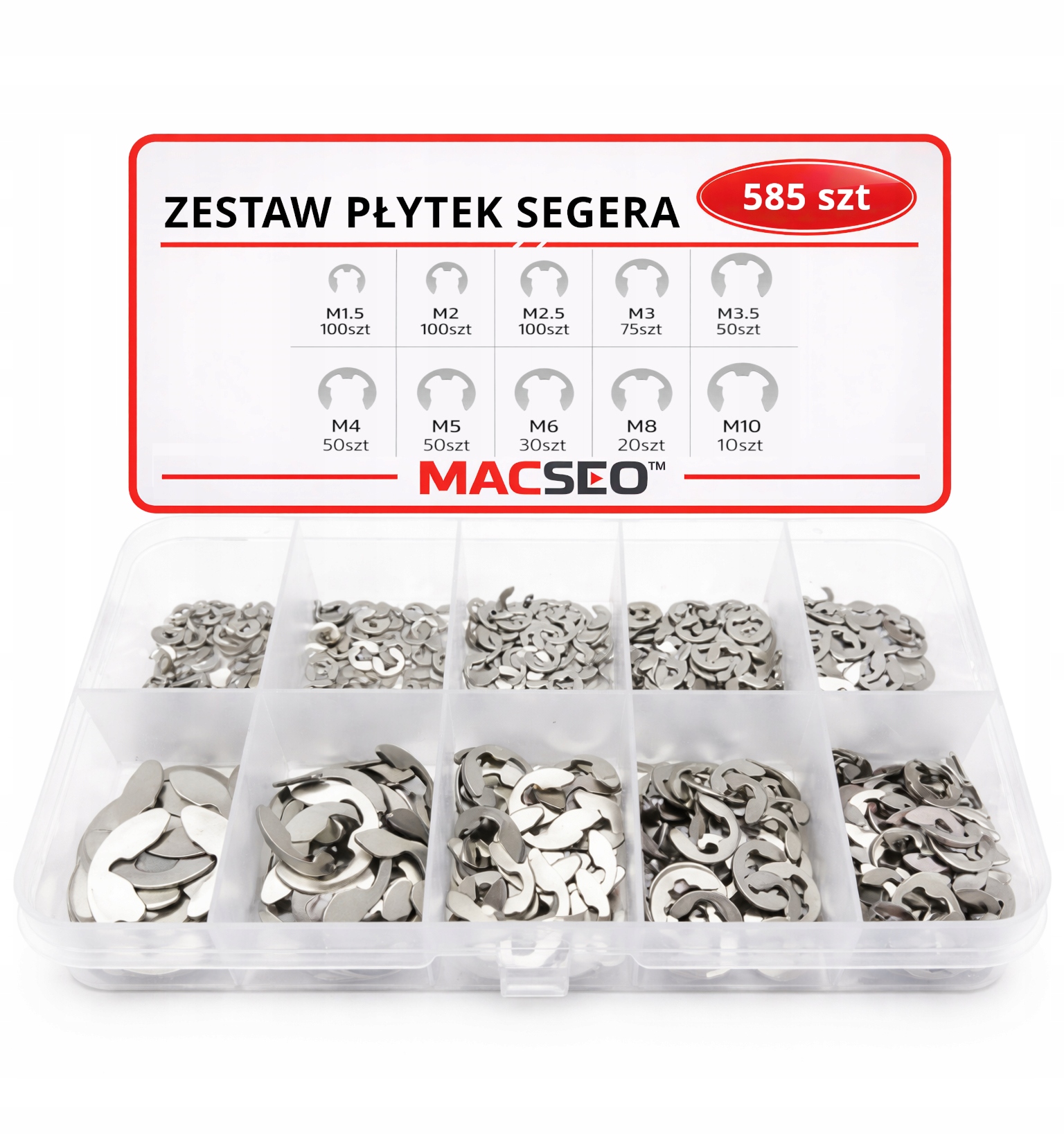 Zestaw Pierścienie Osadczych Segera Typu E 585SZT Wewnętrzne Etui Macseo_pl