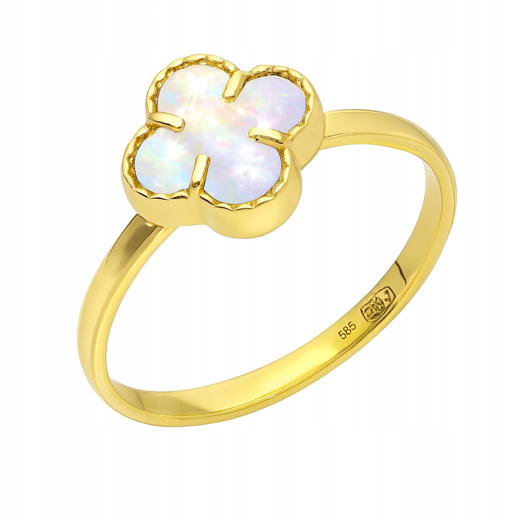 Zlatý prstýnek čtyřlístek květina perleťová hmota pr.585 vel 10