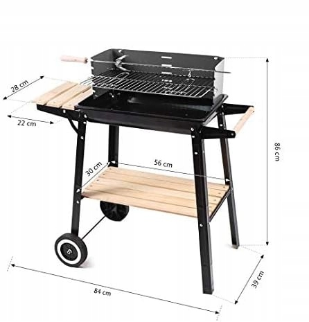 GRILL OGRODOWY WĘGLOWY Z OSŁONĄ PÓŁKAMI I KÓŁKAMI CZARNY Kod producenta YH28020A