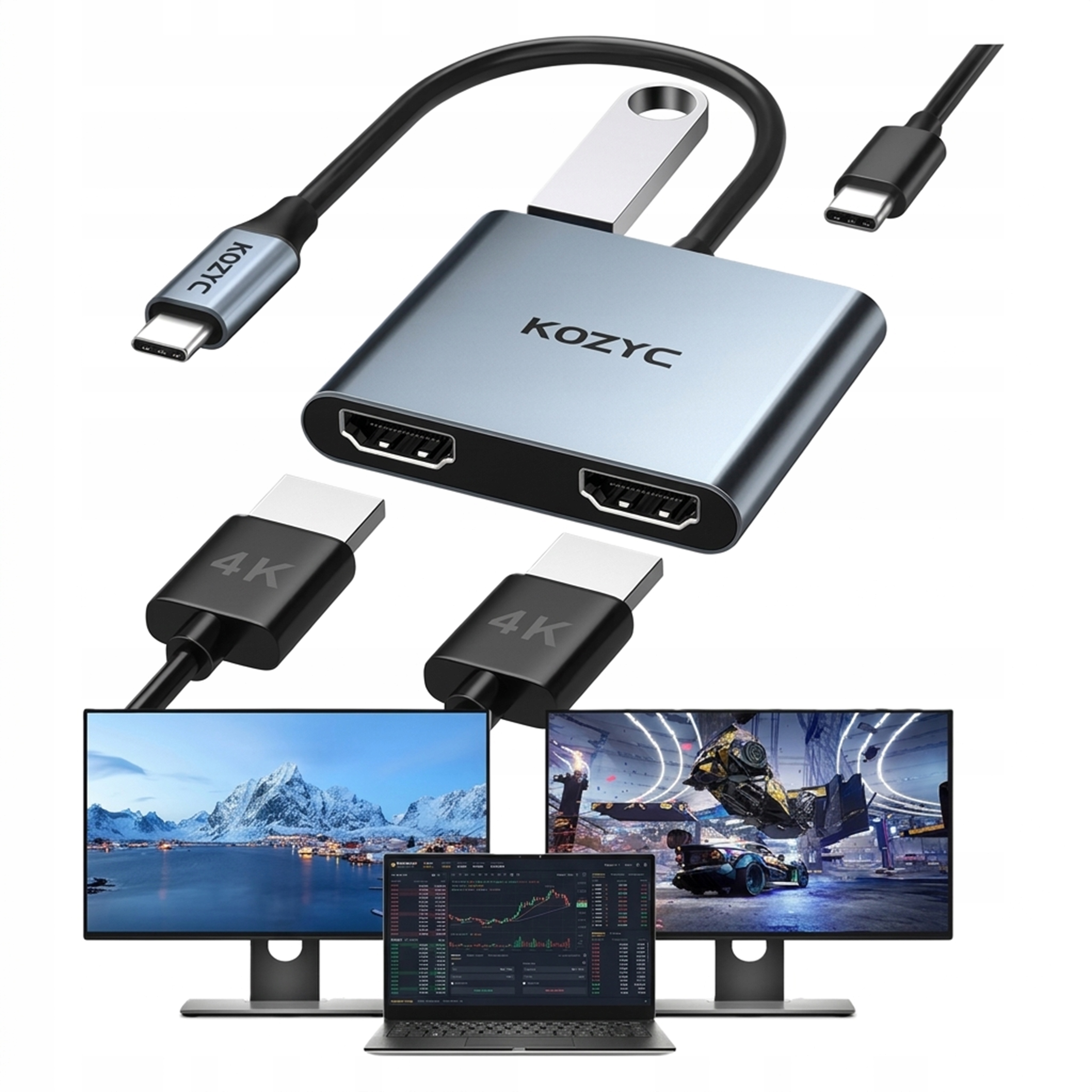 Adapter USB-C na 2x HDMI 4K USB 3.0 PD 100W KOZYC