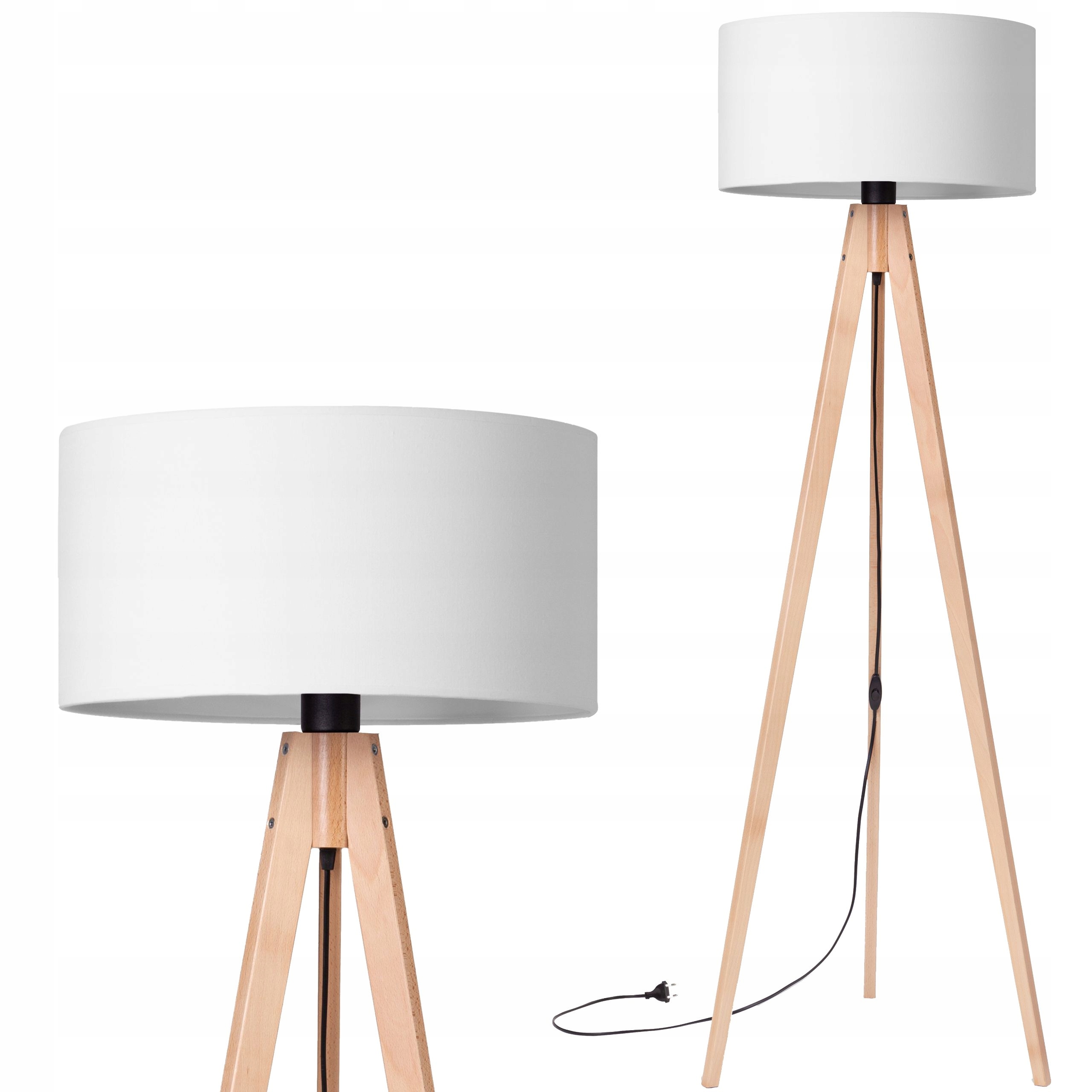 Lampa stojąca podłogowa Trójnóg Drewniany buk Abażur biały