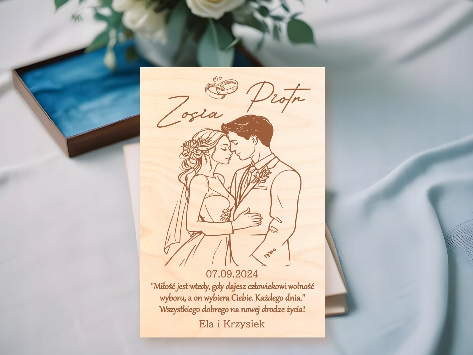 DREWNIANA KARTKA KOPERTA ŚLUBNA ŚLUB PERSONALIZOWANA PREZENT OD ŚWIADKA Kolor dominujący brązowy