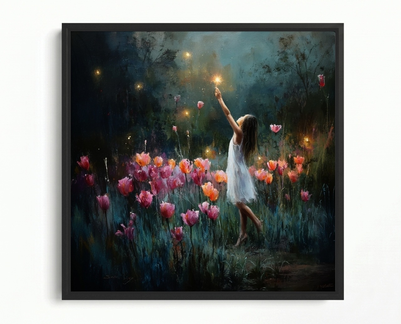 Obraz Rám Americký Box Zahrada Noc Večer Květiny Tulipány Hvězdy 50x50