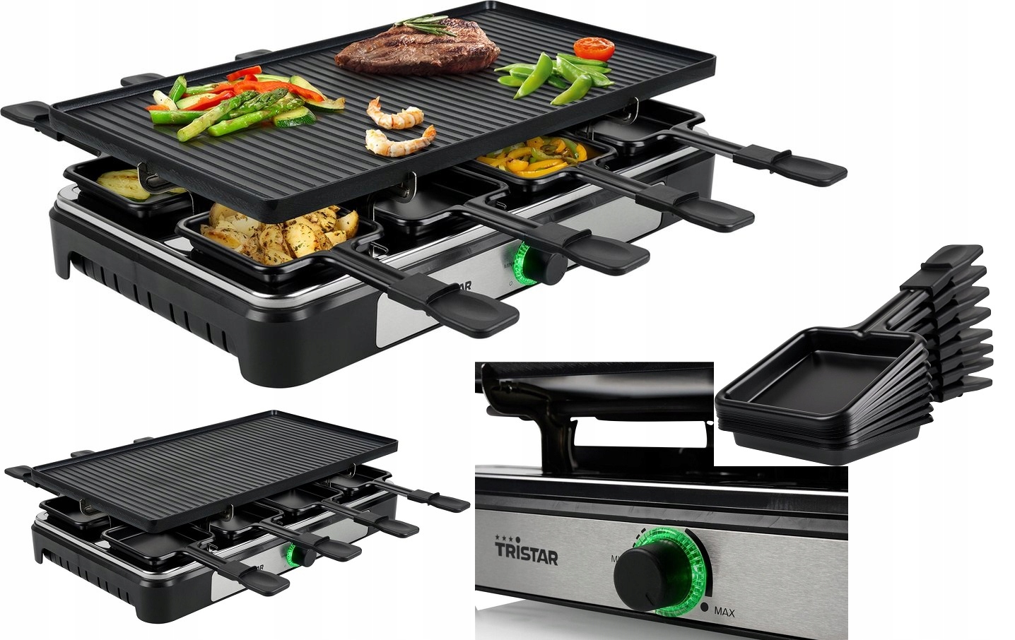 Dvoustranný Raclette gril XL elektrický 1400 W Černý miska pro 8 osob