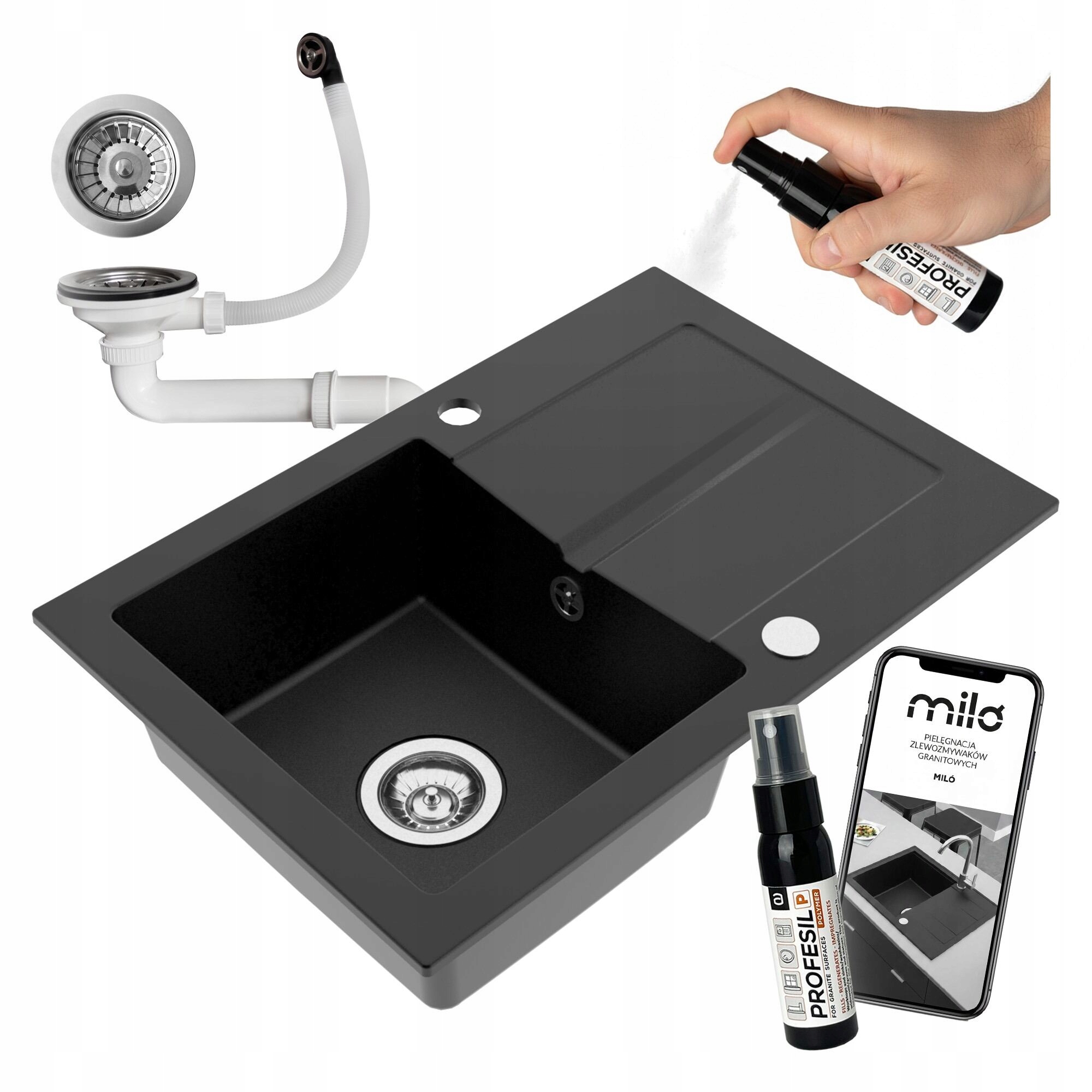 Granitový Jednokomorový Drez Miló First, Sada Sifónov