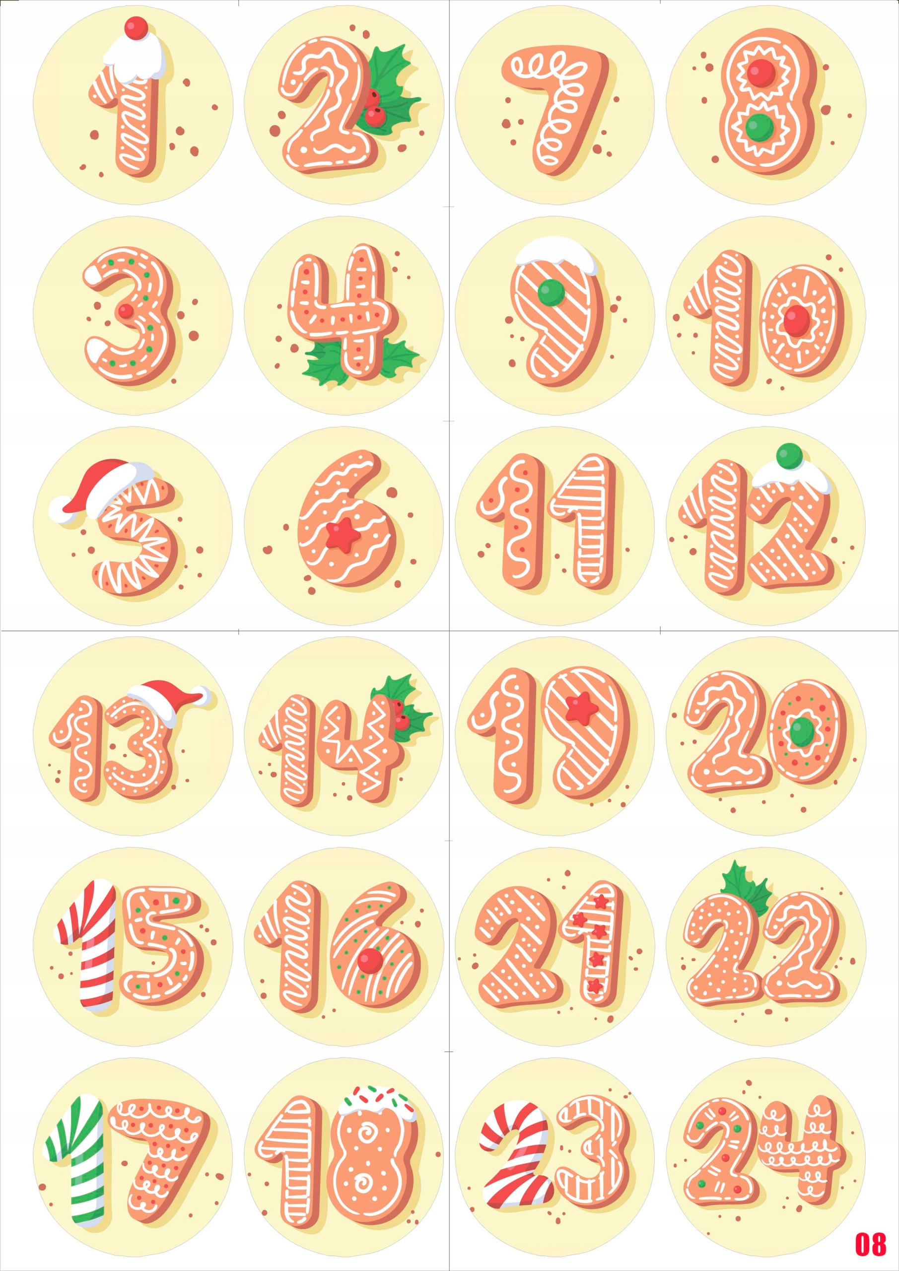 NAKLEJKI ŚWIĄTECZNE KALENDARZ ADWENTOWY okrągłe a4 24 szt 4,5 cm N08 EAN (GTIN) 5906036623242