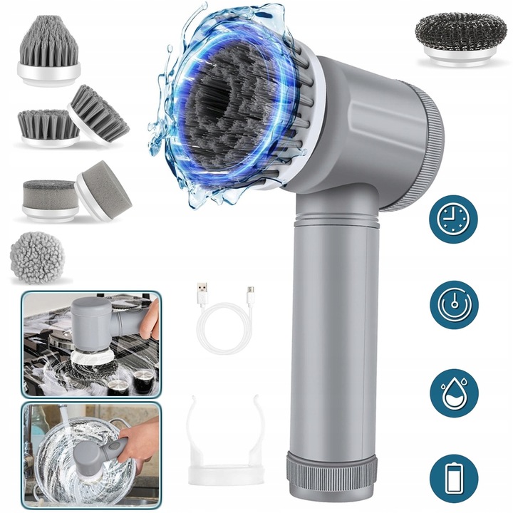 Elektrický Čisticí Kartáč Se 7 Vyměnitelnými Kartáčovými Hlavami, Šedý