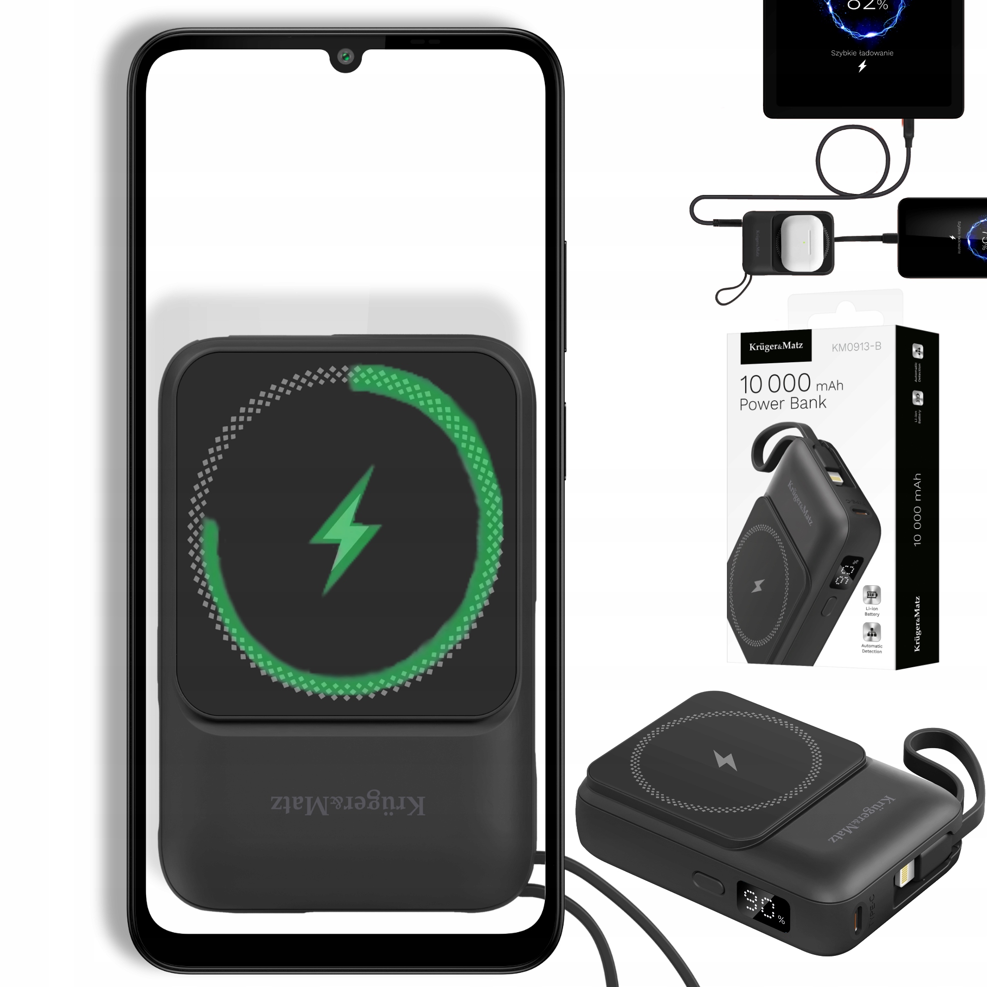 Power Bank indukční Kruger&Matz 10000 mAh magnetický s kabelem černý