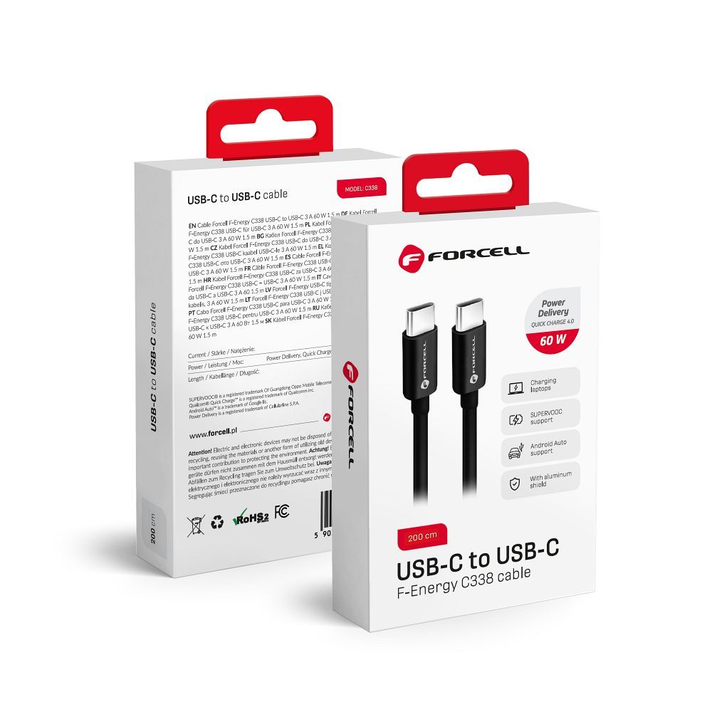 Kabel Usb C do Usb C Forcell F-Energy QC4.0 Pd 3A 60W 2 m C338 czarny