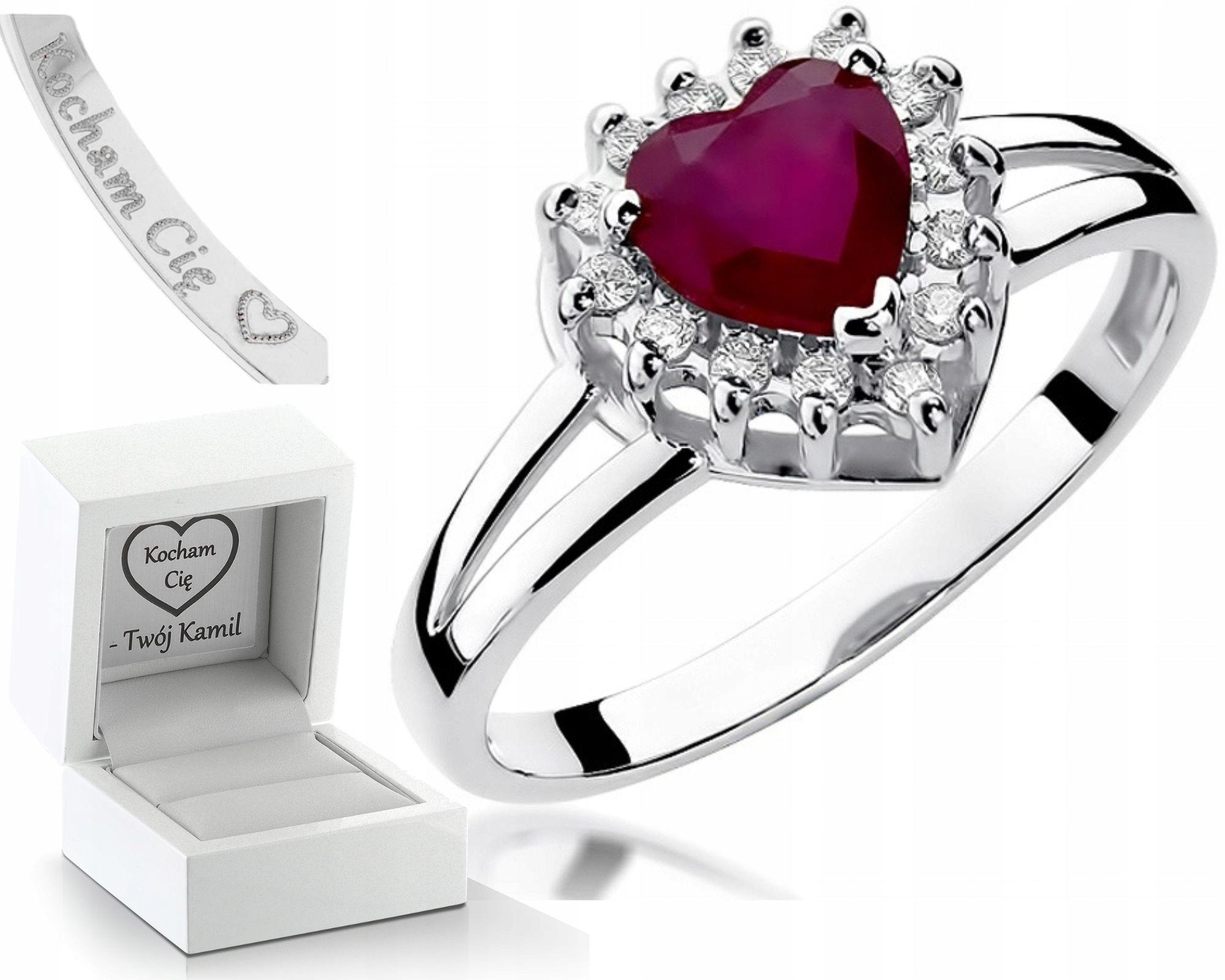 Prstýnek Rubín Srdce-bílé Zlato- Gravírování Bonus