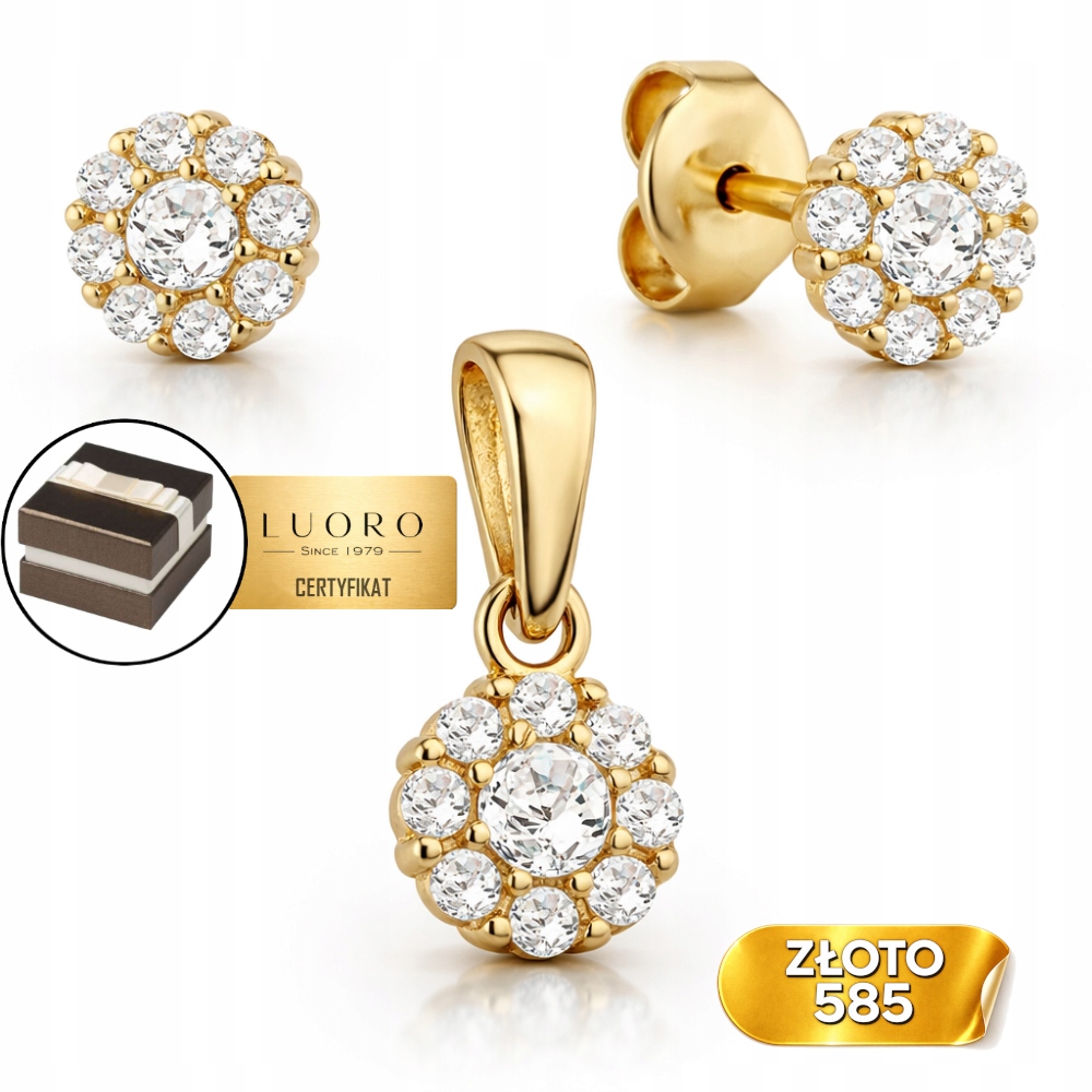 Komplet Zlatý 585 14K Náušnice Přívěsek Zirkon Kvetek Kruh 10 MM