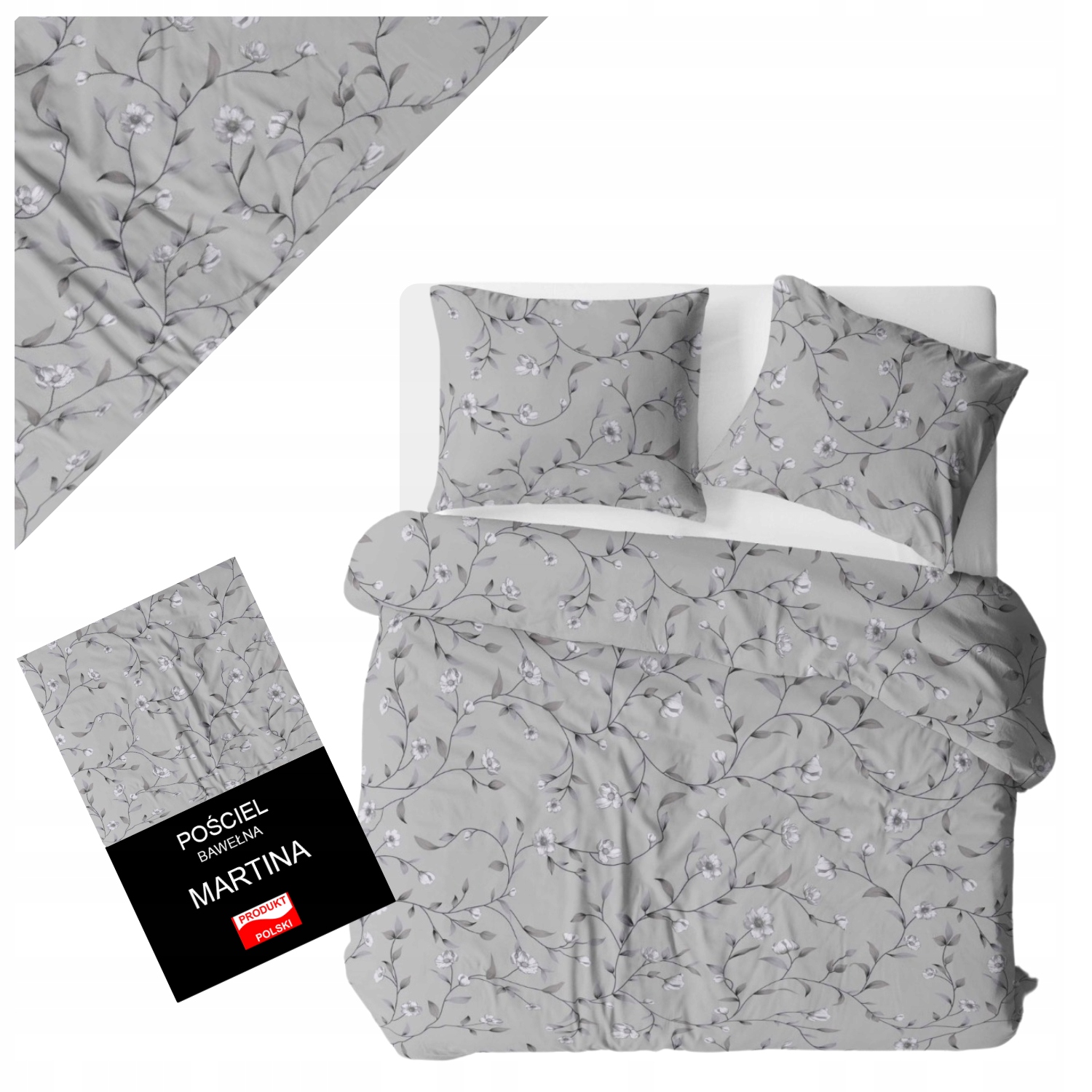 Zestaw Pościeli 160x200 Naturalna Bawełna 3 części Zamek Błyskawiczny Szara