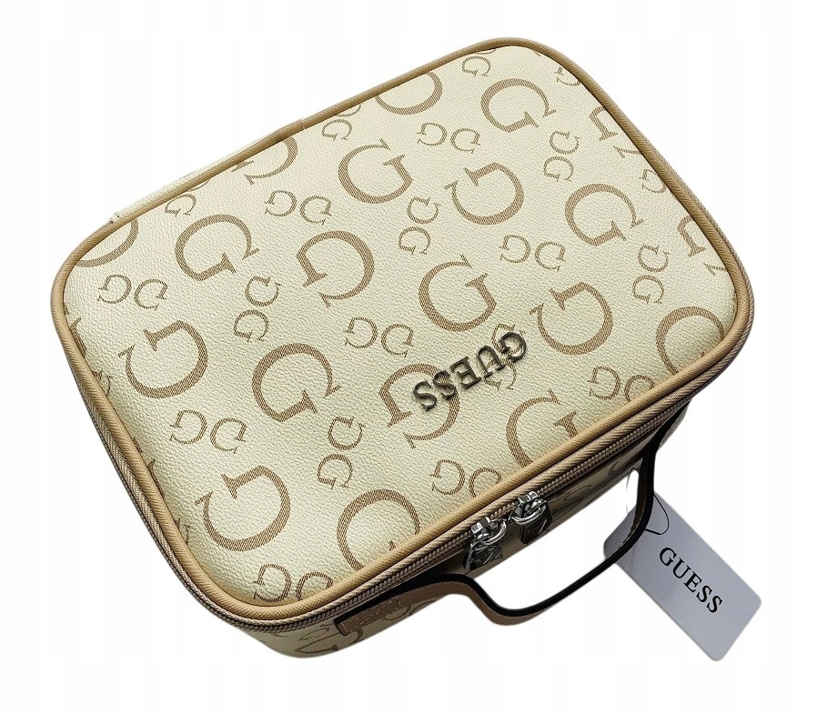 Guess piaskowa, duża kosmetyczka w monogram