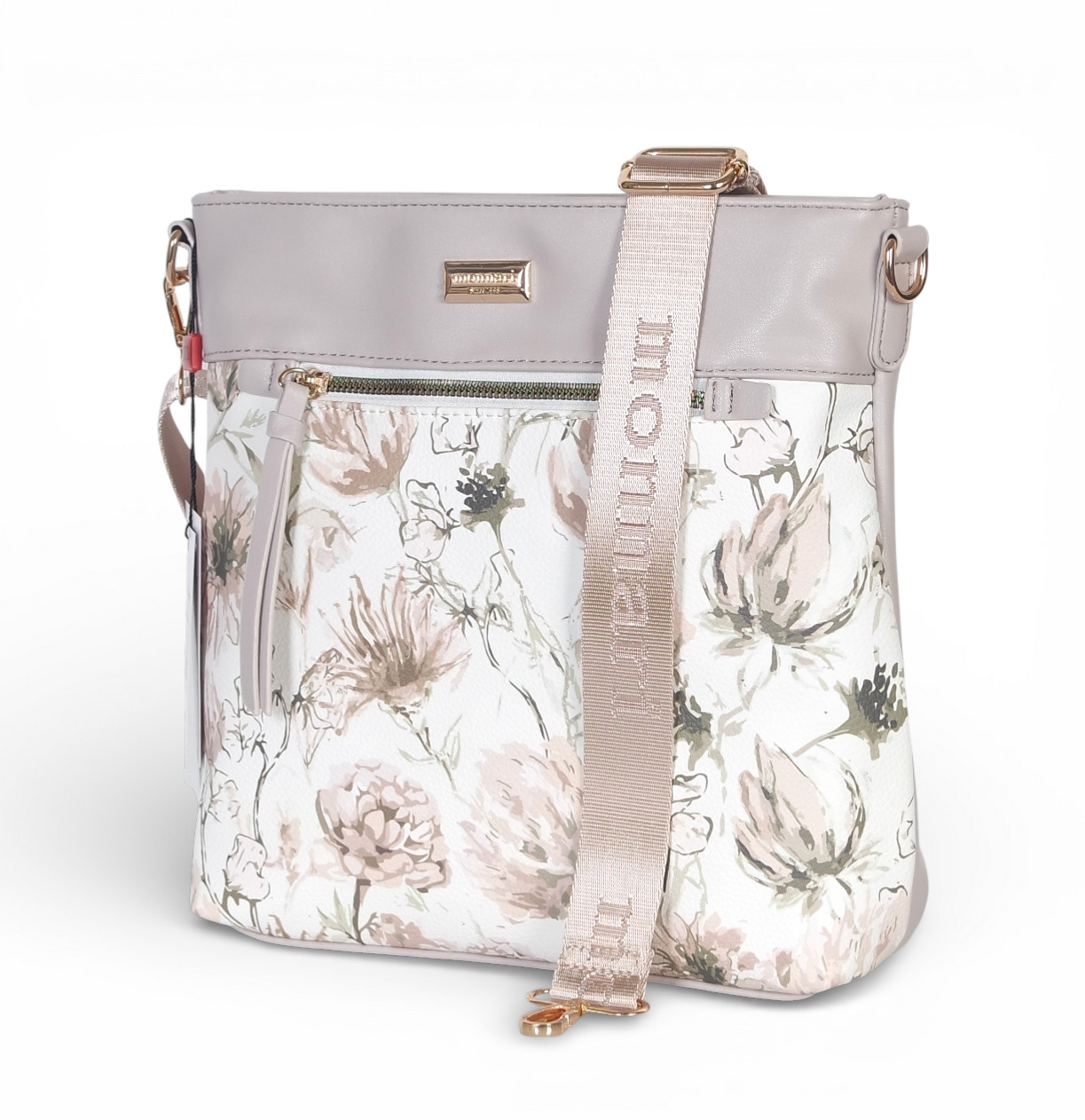 Monnari Pakowna wiosenna listonoszka na długim pasku Kwiaty Logo Beż