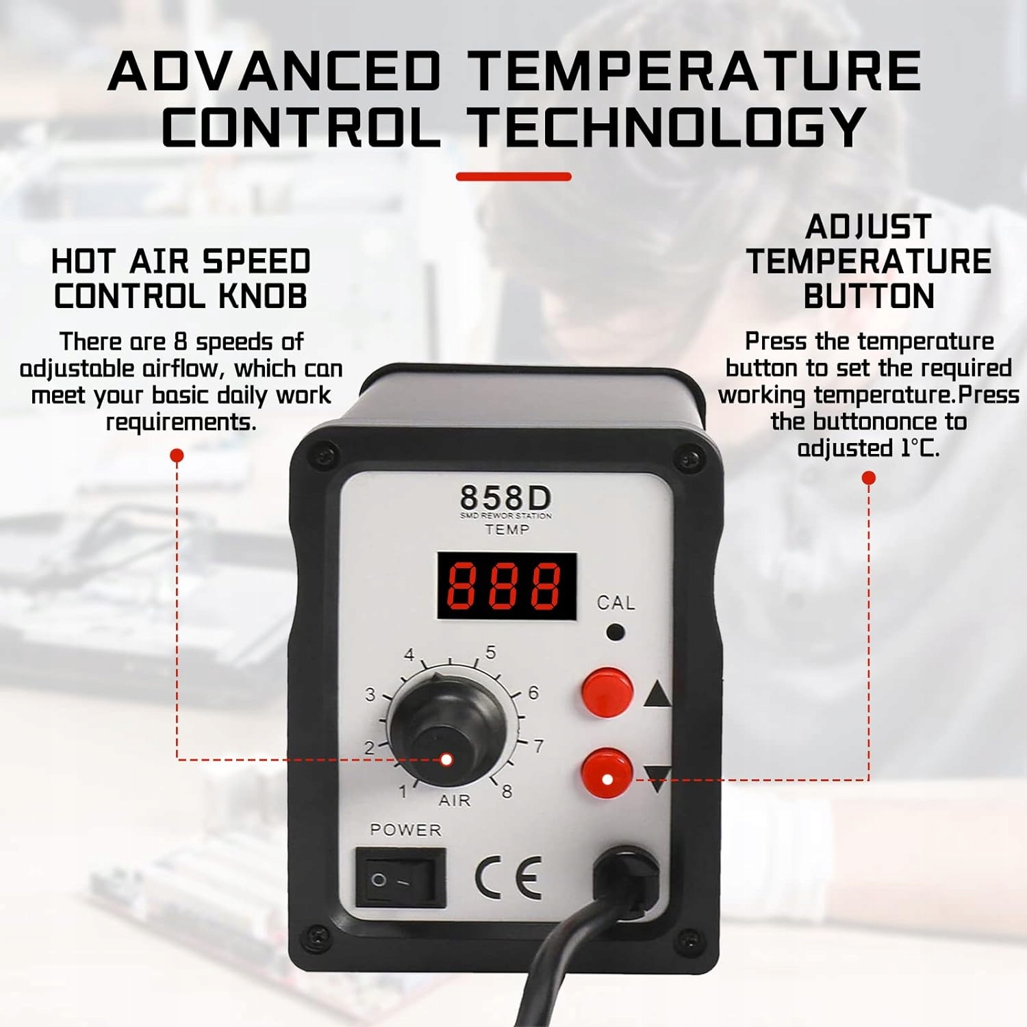 OPALARKA NA GORĄCĄ WIATRÓWKĘ STACJA LUTOWNICZA YAECCC 858D Z 3 DYSZAMI Temperatura maksymalna 450°C