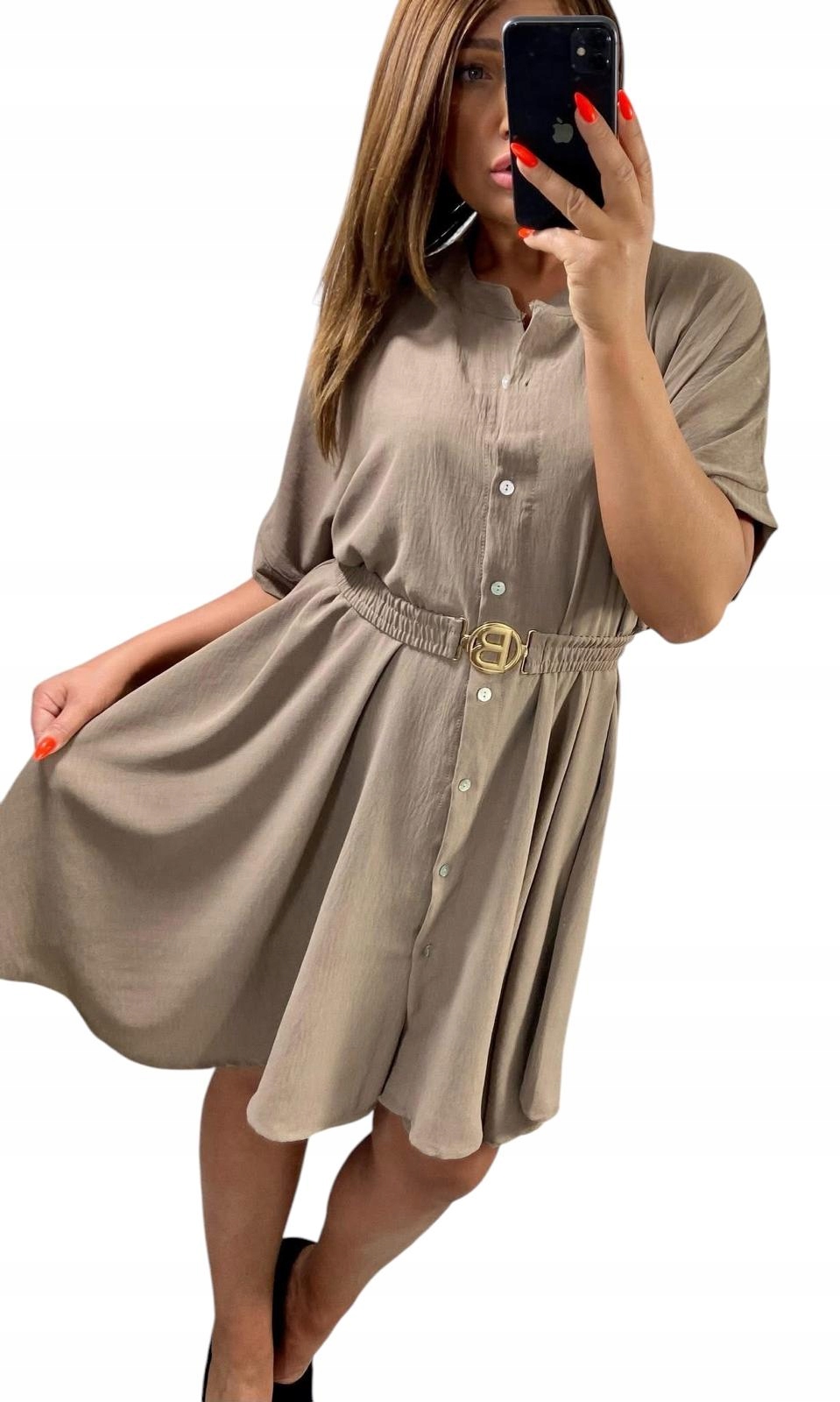 V631 Šaty Košilová S Páskem Krátký Rukáv Cappuccino vel. 58 (9XL)