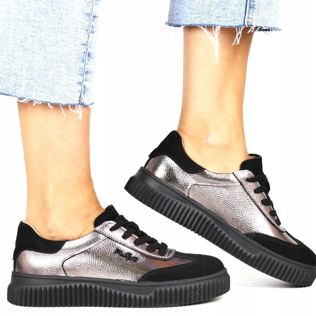 Stříbrné Platinové Metalické Sportovní Boty Ploché, Pohodlné, Kožené, Viz