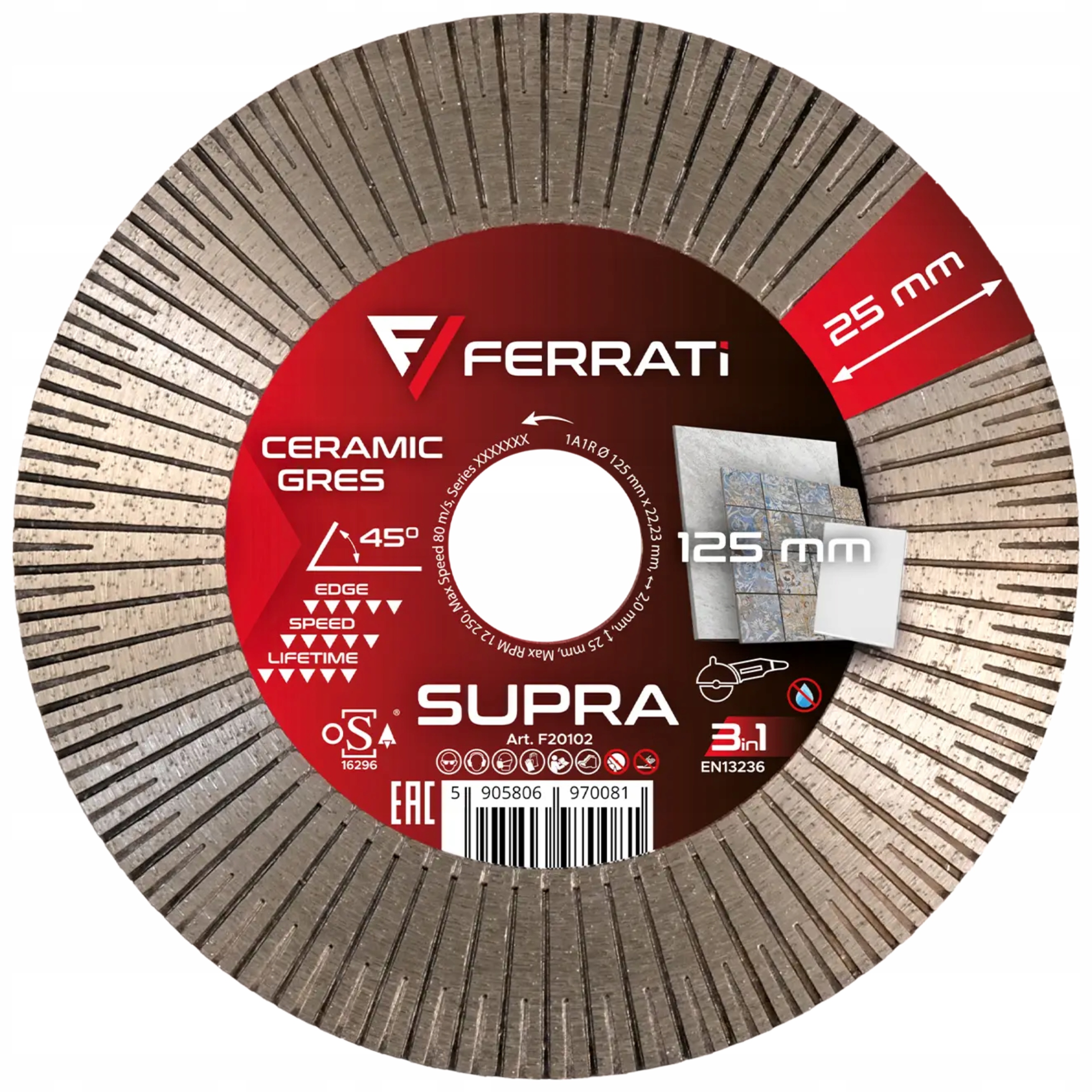 Ferrati Supra 125 x 22,23 mm Tarcza diamentowa do cięcia gresu i ceramiki