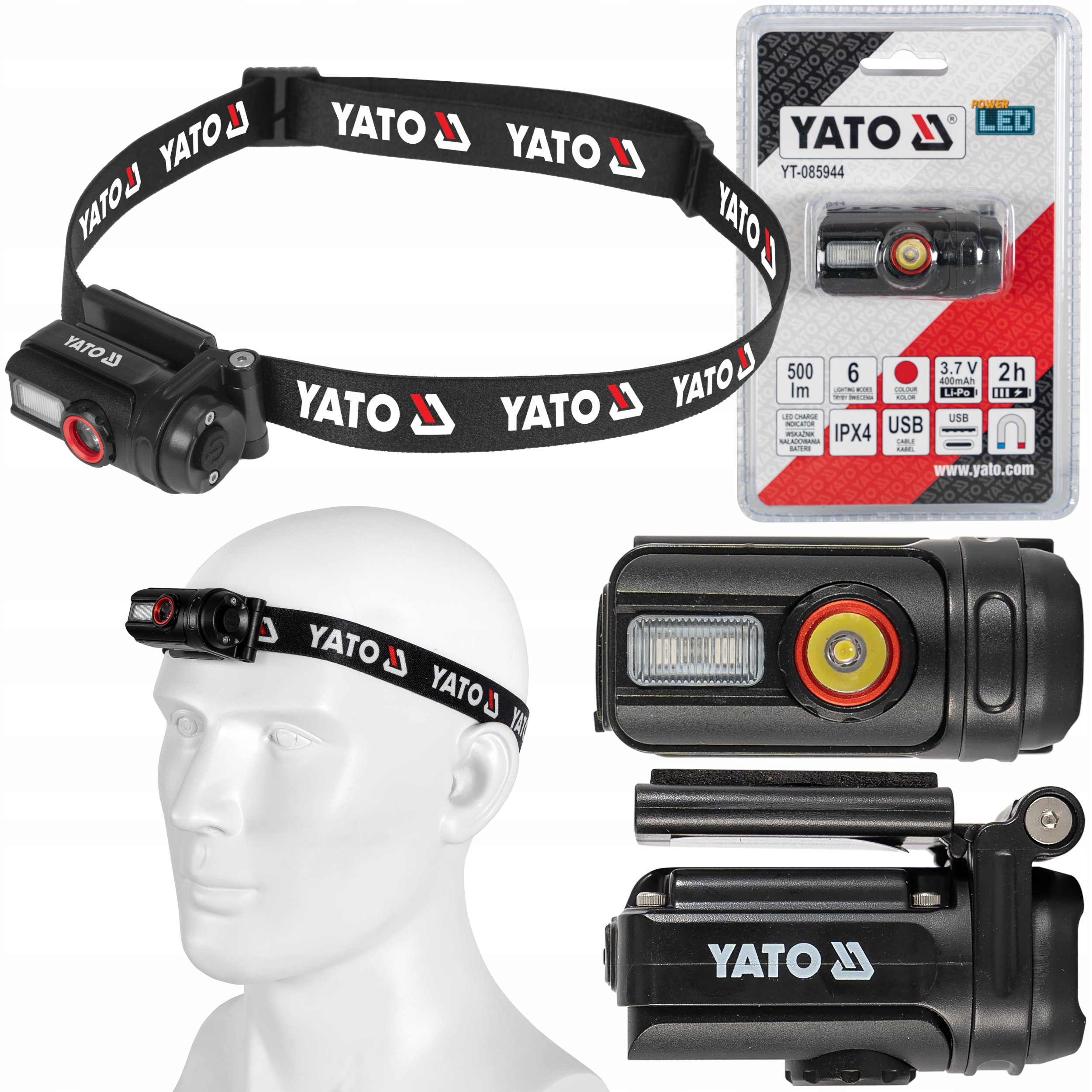 Latarka Czołowa Akumulatorowa Yato Led 5W 500lm 6 Trybów Świecenia Czołówka