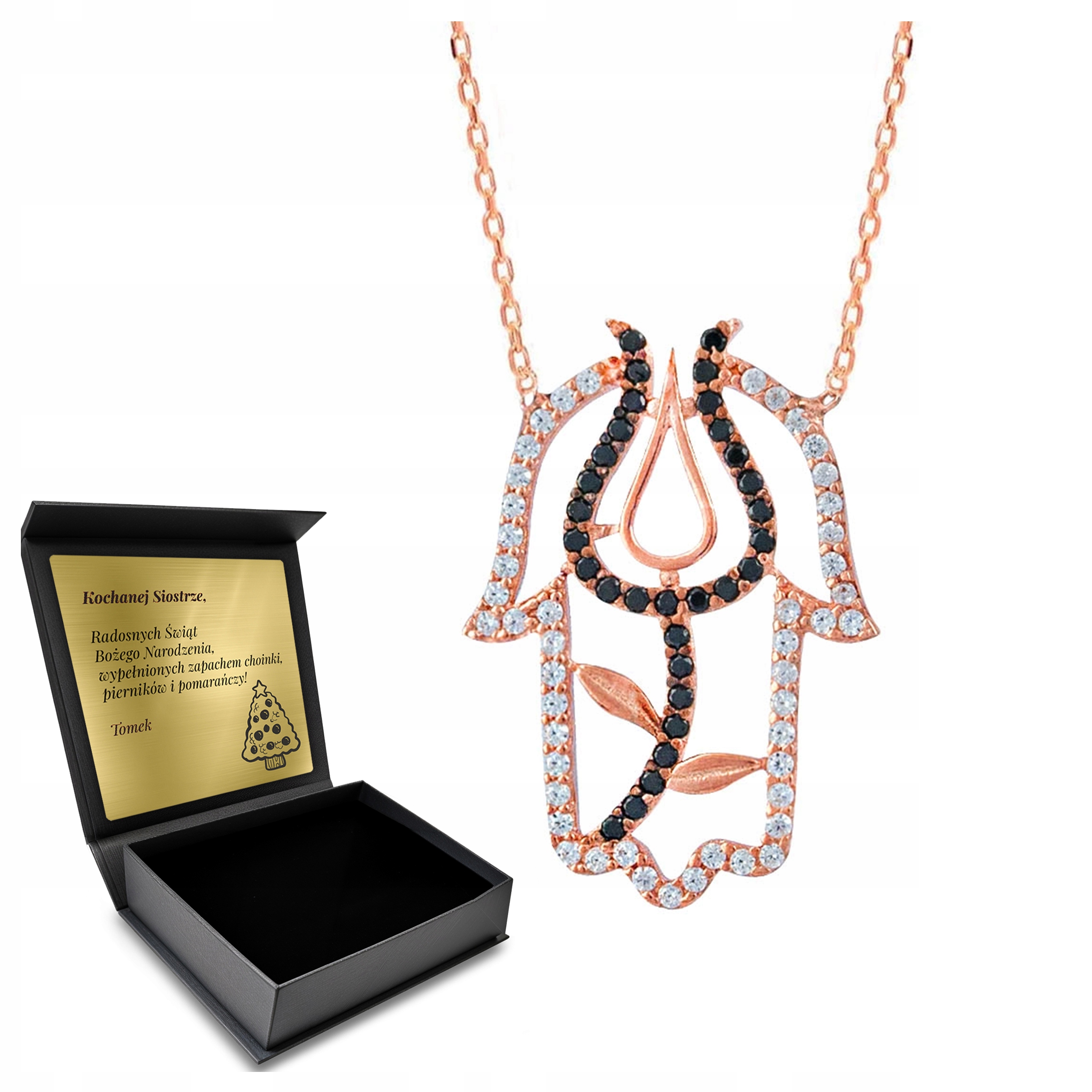 Řetízek Stříbrný náhrdelník Zirkony Ruka Fatimy Turecký Tulipán Gravírování