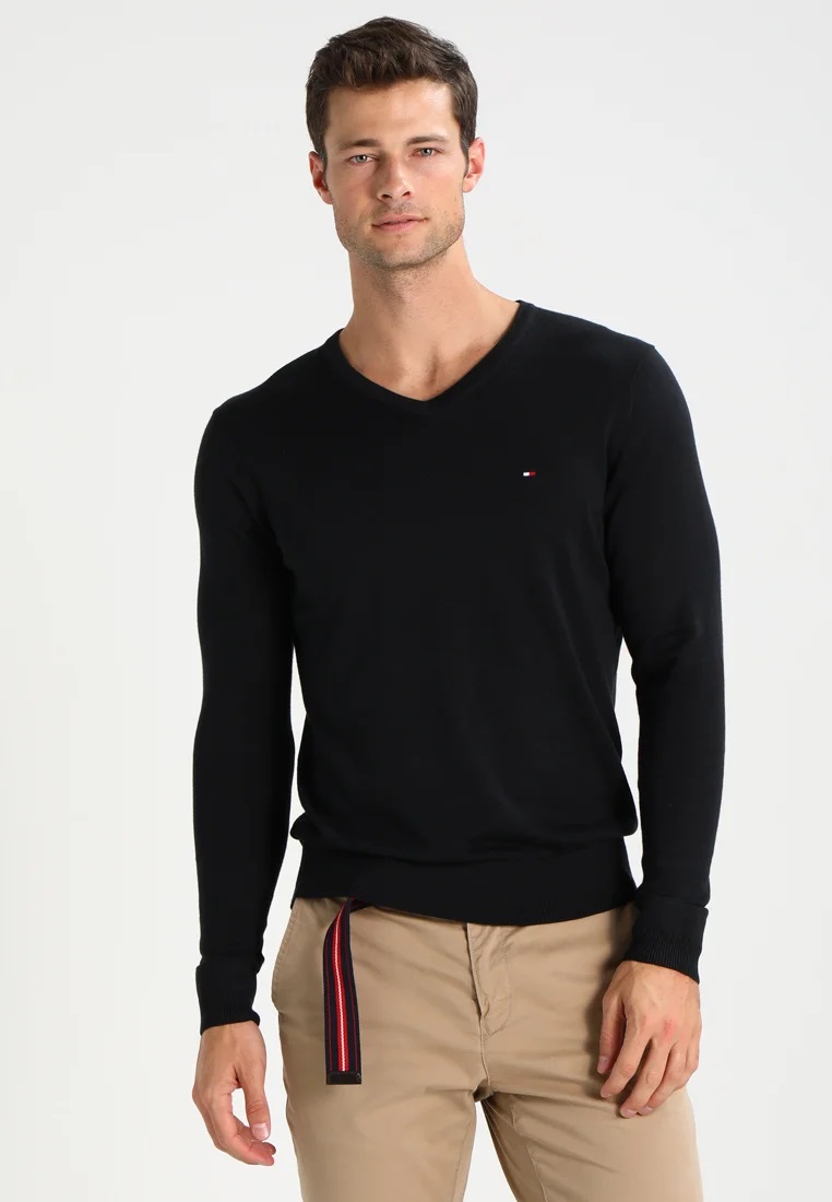 SWETER MĘSKI TOMMY HILFIGER CZARNY V-NECK ROZM L Dekolt serek/dekolt V