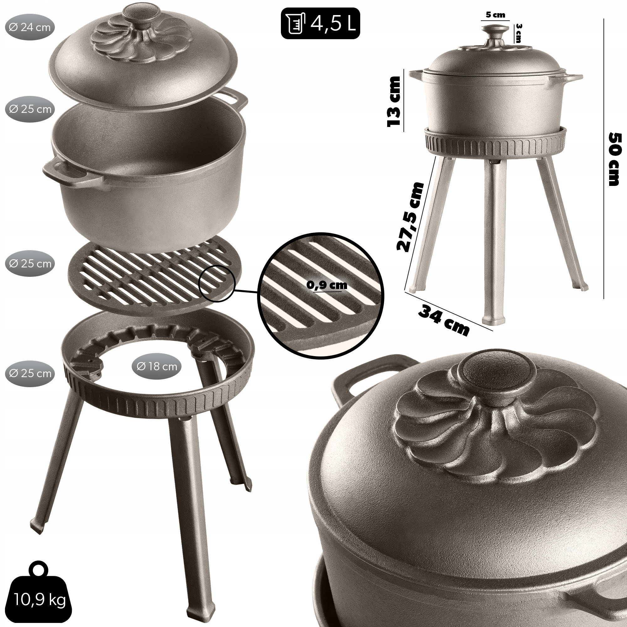 KOCIOŁEK ŻELIWNY MYŚLIWSKI NA OGNISKO + RUSZT 4,5L Producent Kadax