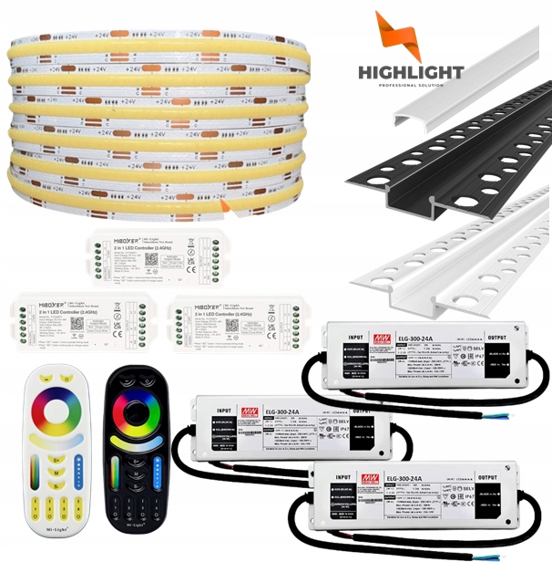 50 m Sada Fasádová Led páska Cob Cct 16W 24V IP65 Profil Biela/Čierna