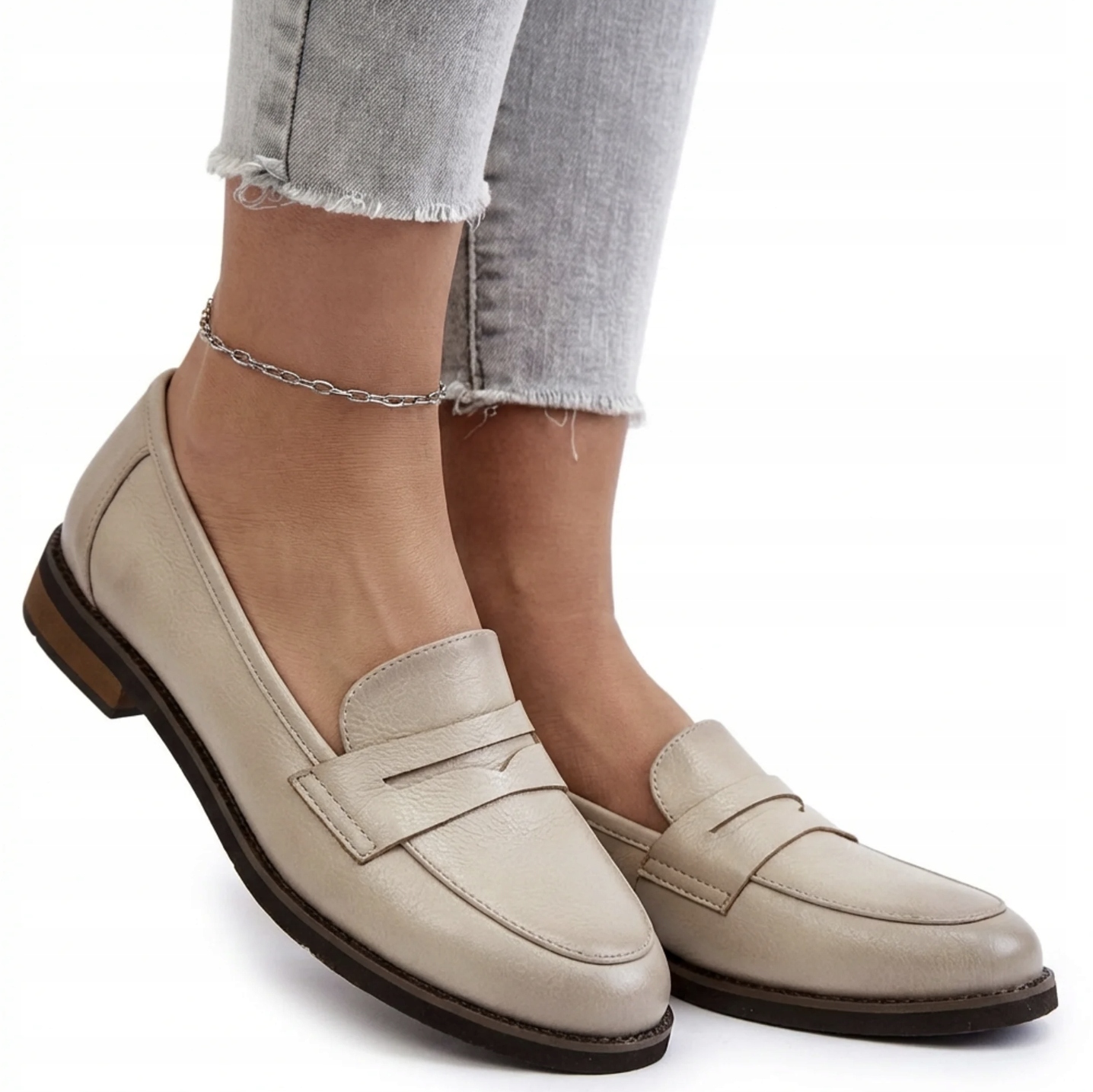 Półbuty Damskie Mokasyny Potocki 12573 Miękka Wkładka Beżowe Eko Skóra 40