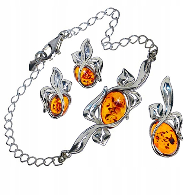 Stříbrný Komplet náramek přívěsek náušnice z baltského baltský jantar ze Stříbra