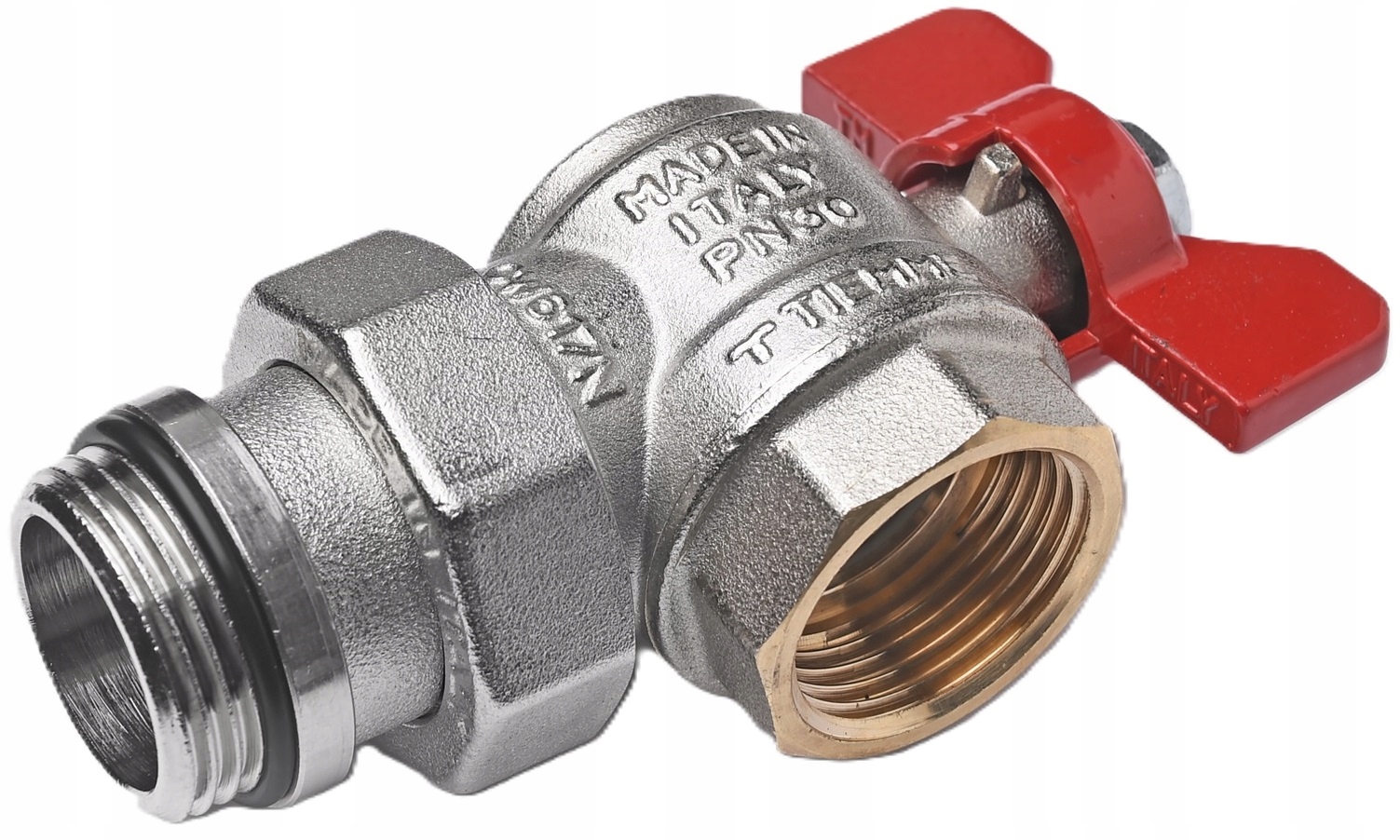 Zawór kulowy kątowy ze śrubunkiem 1” z motylkiem bocznym czerwonym