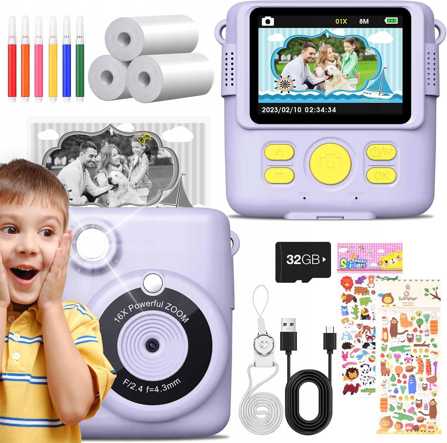 Mini Termotiskárna Instantní Fotoaparát 32GB 2.4'' 3 Role Bonus