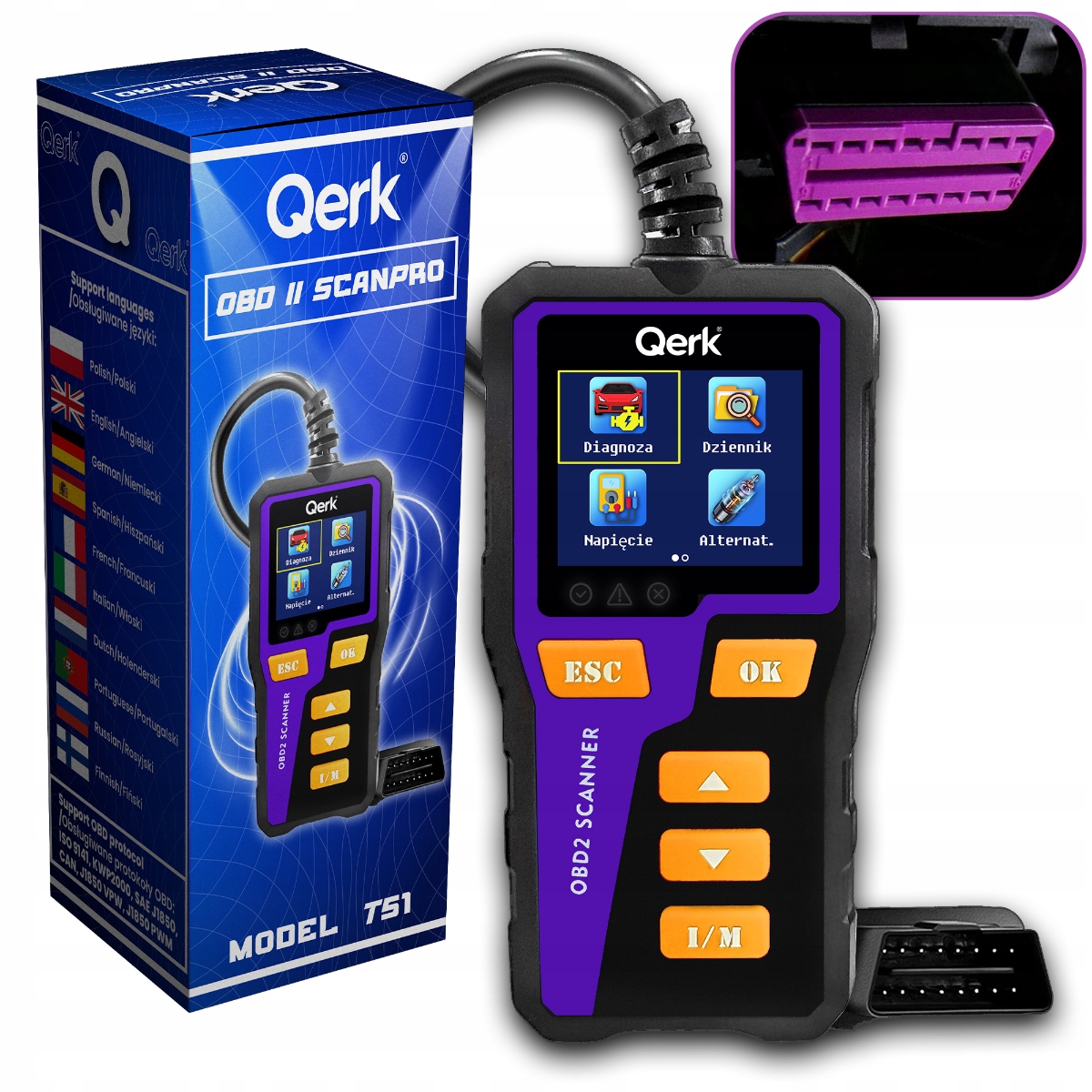 INTERFEJS DIAGNOSTYCZNY TESTER OBD2 POLSKIE MENU QERK T51 KOLOROWY ELM327