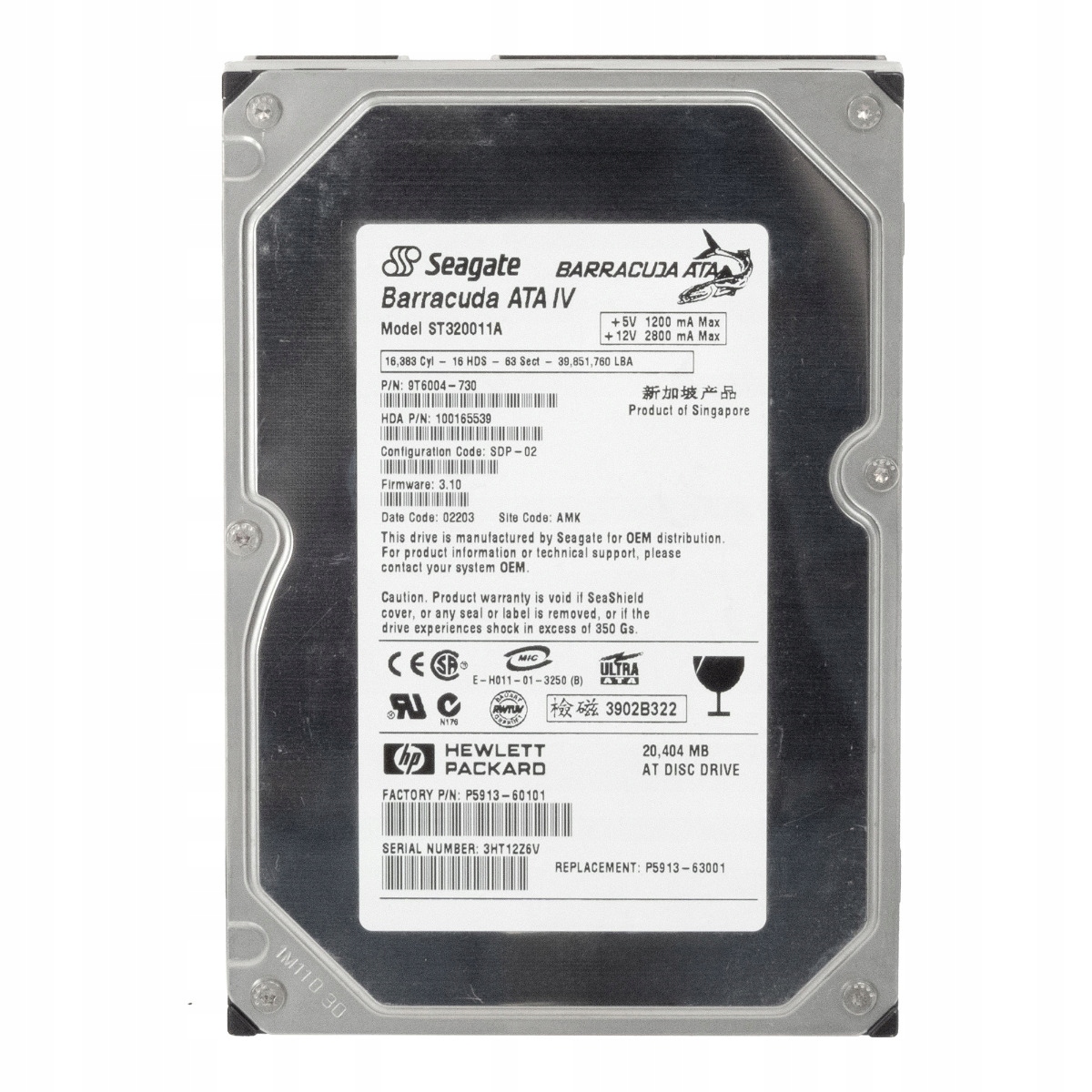 Hp P5913-60101 P5913-63001 20GB 7.2K 2MB Ata 3.5'' ST320011A