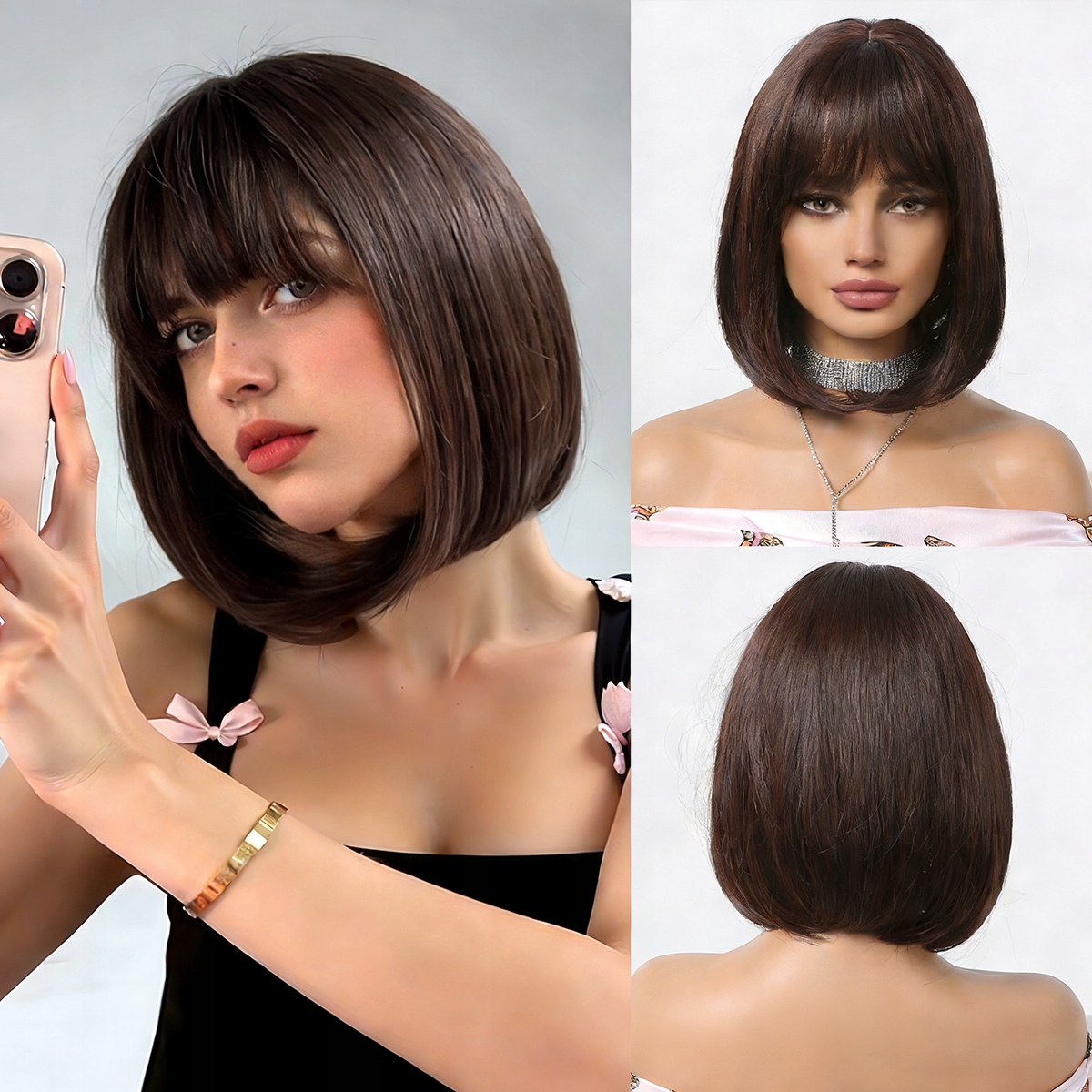 Dámská paruka Bob Tmavě hnědá Krátké vlasy Dámské paruky s hřebínkem 31 cm