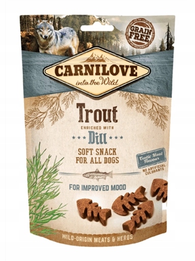 5x Carnilove Měkké psí pamlsky s pstruhem a koprem 200g