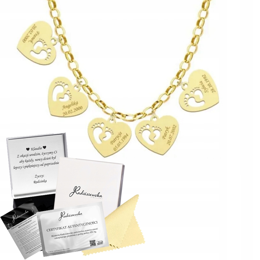 Zlatý náhrdelník s nožičkami 5 Srdcí Řetízek 925 Dárek Gravírování Bonus