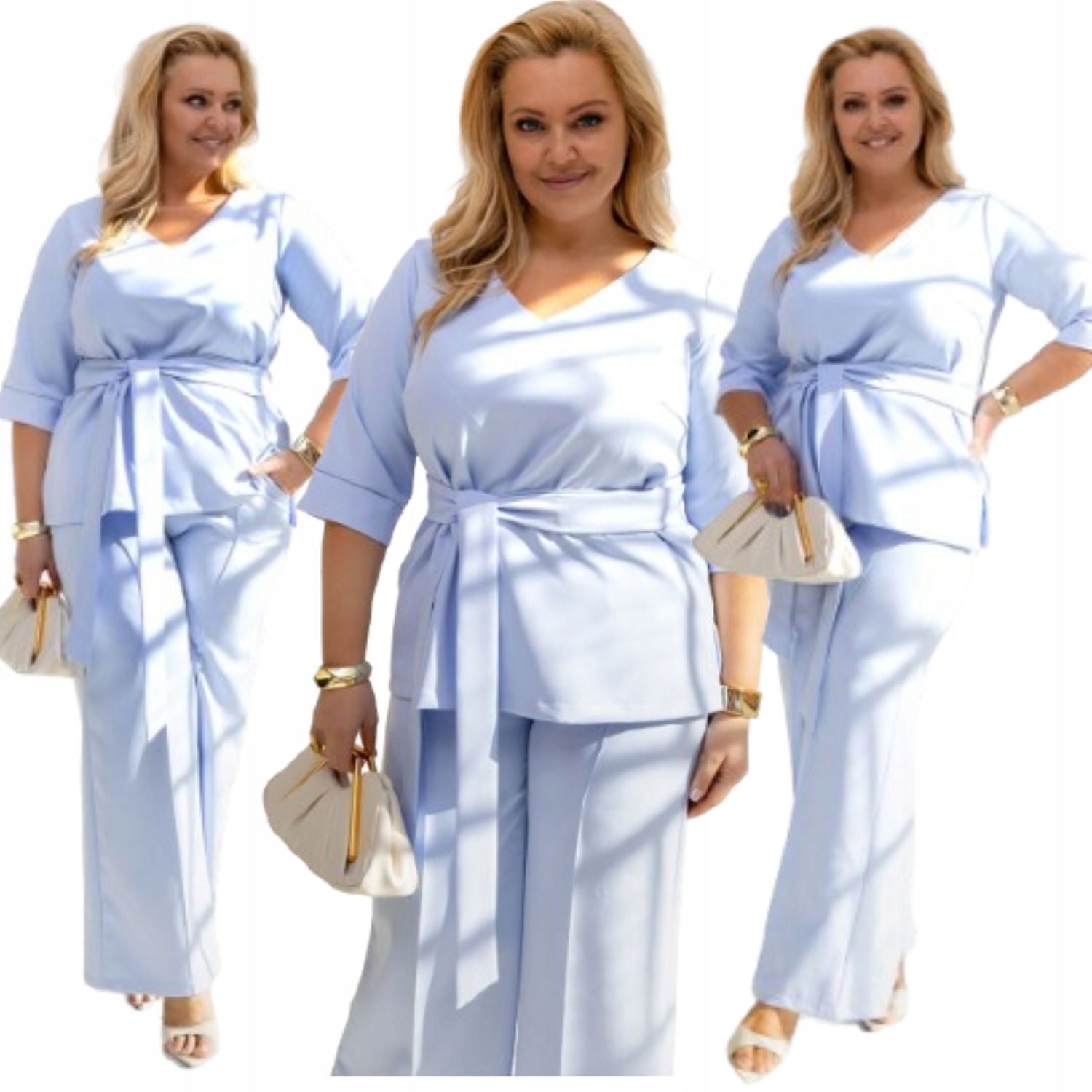 Komplet Damski Wizytowy Plus Size Spodnie Bluzka Niebieski 44