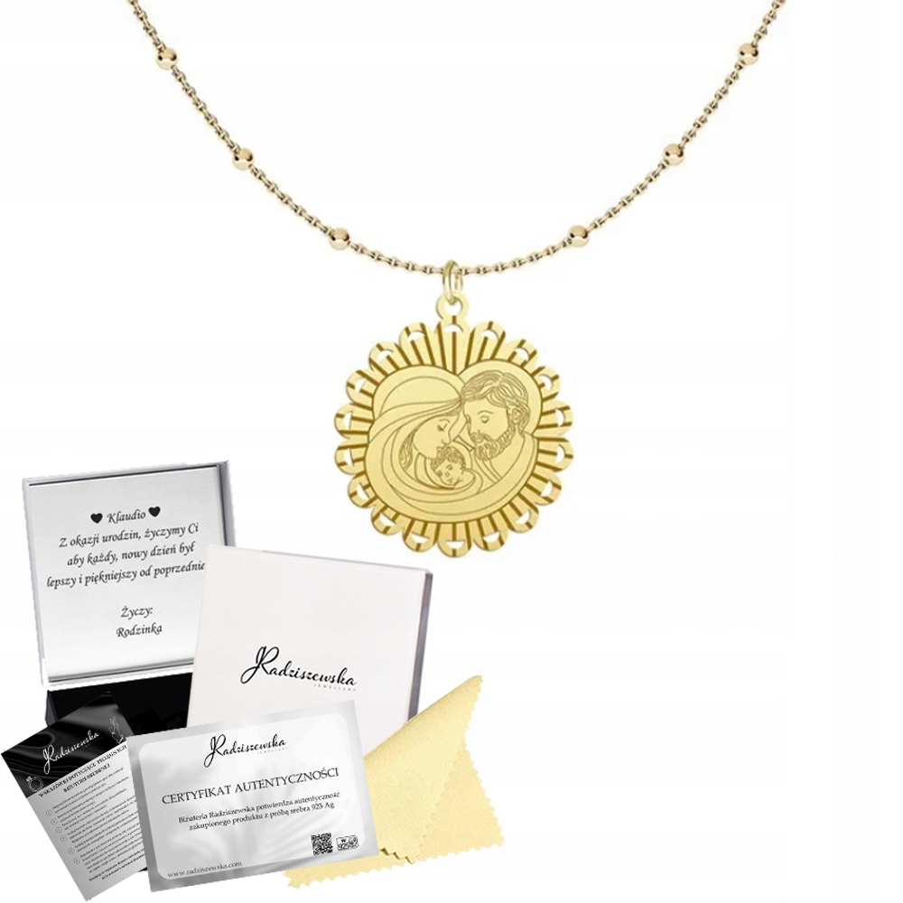 Zlatý Medailonek Svatá rodina Řetízek 925 Dárek Narozeniny Gravírování Bonus