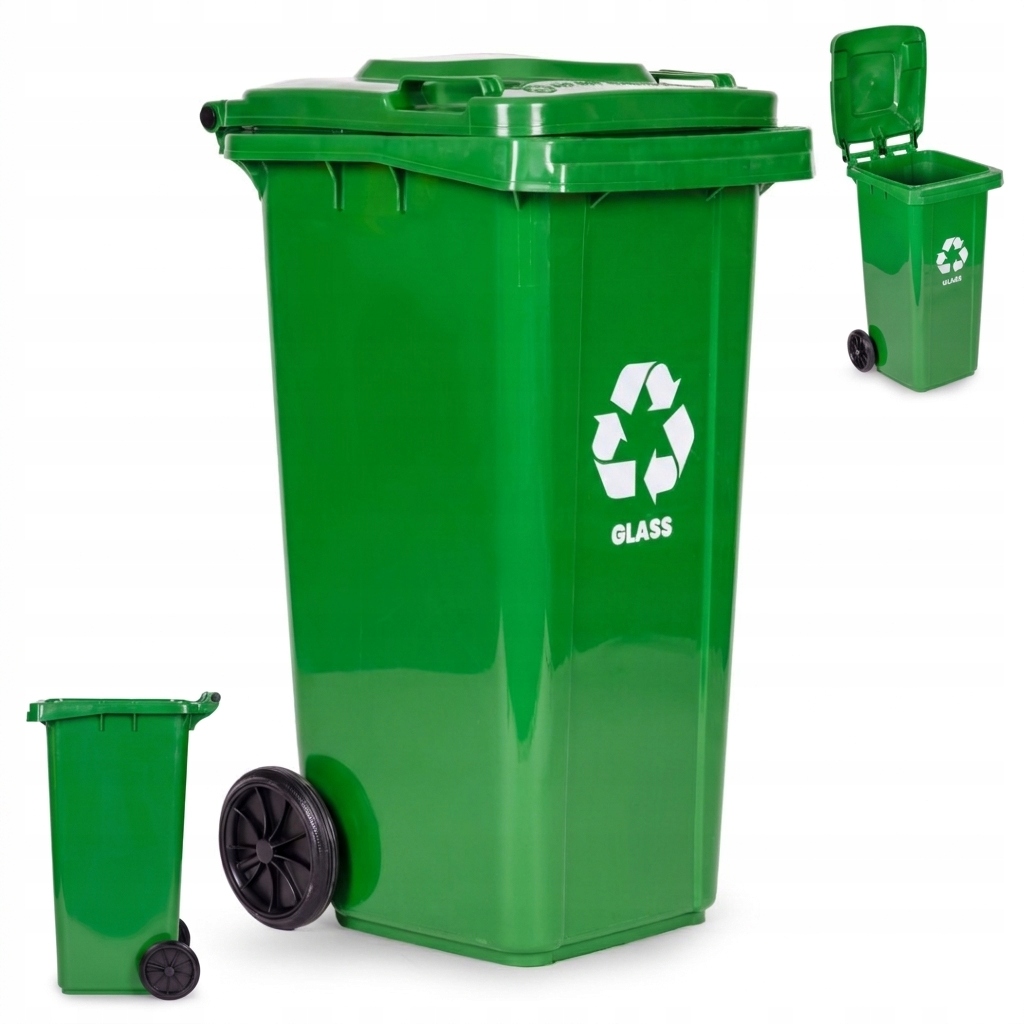 Kosz Na Smieci Pojemnik 120l Kubeł Śmietnik Zielony Szkło Gumowe Koła