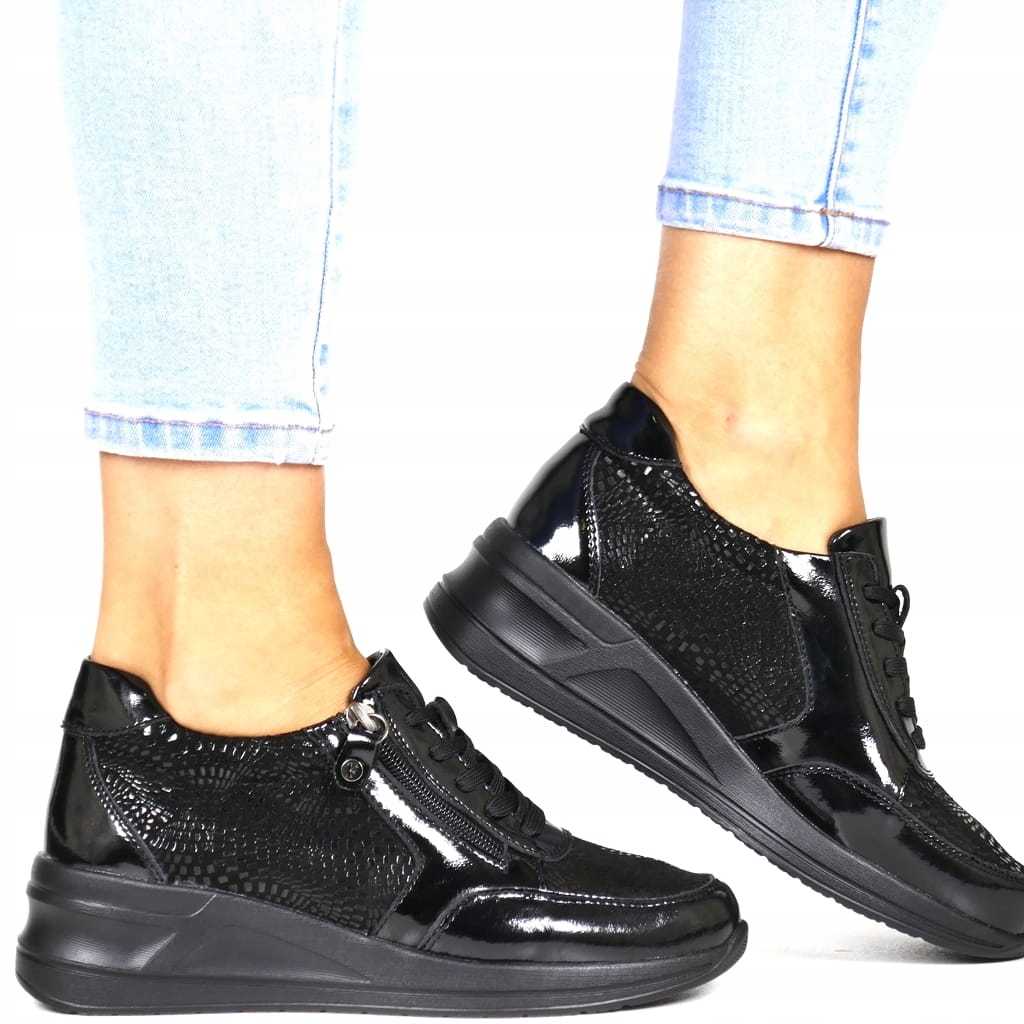 Černé Kozaté Tenisky Nízké Hadí Kůže Pohodlné Boty Na Klínku Polobotky